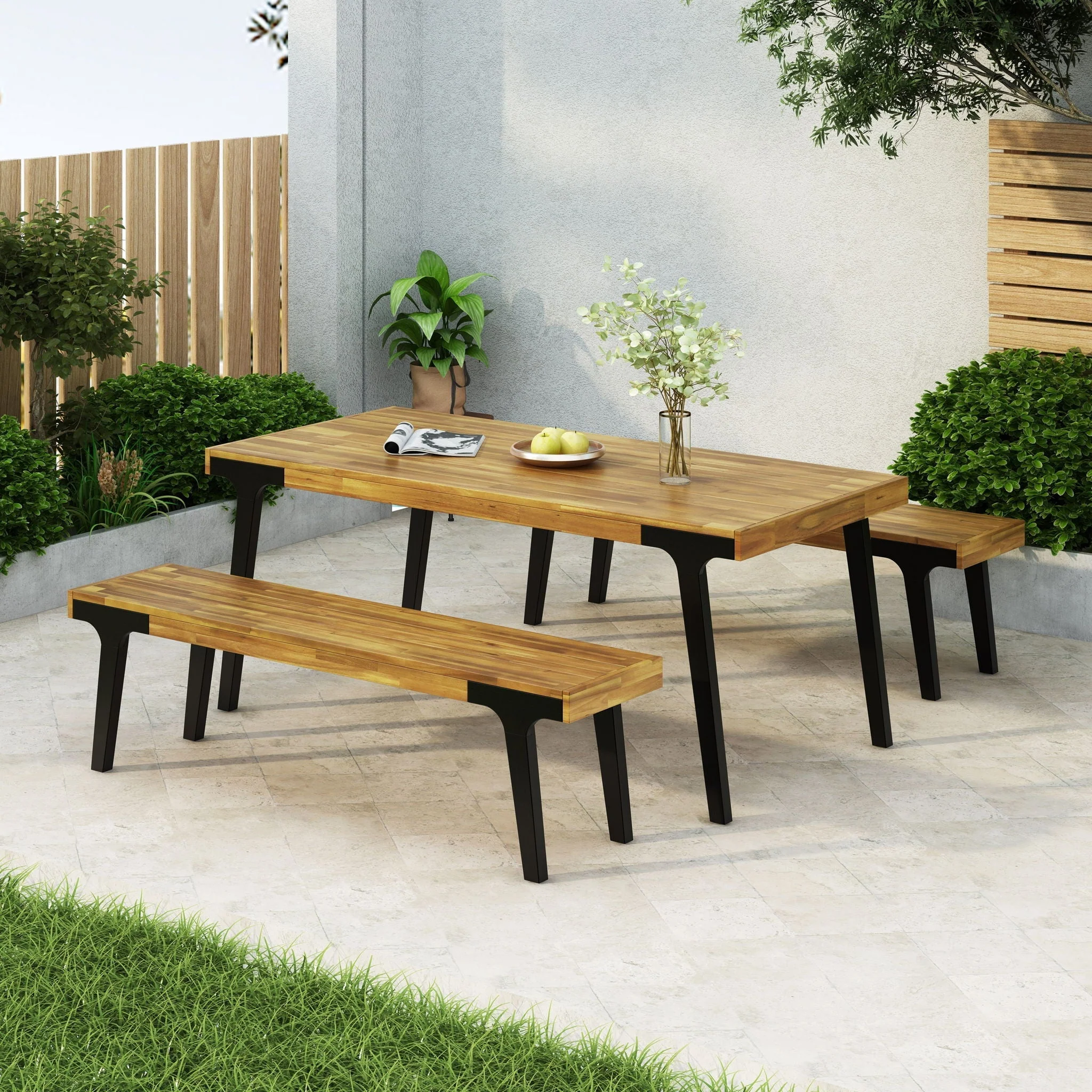 1 Dining Table & 2 Dining Benches - Light Teak - Image 2