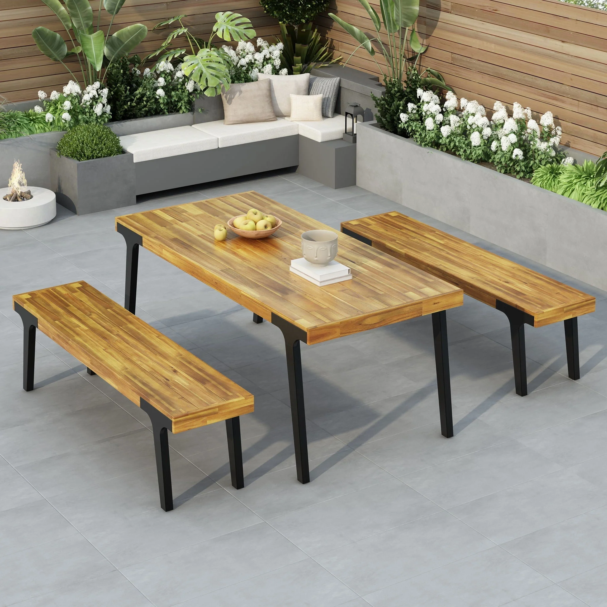 1 Dining Table & 2 Dining Benches - Light Teak - Image 4