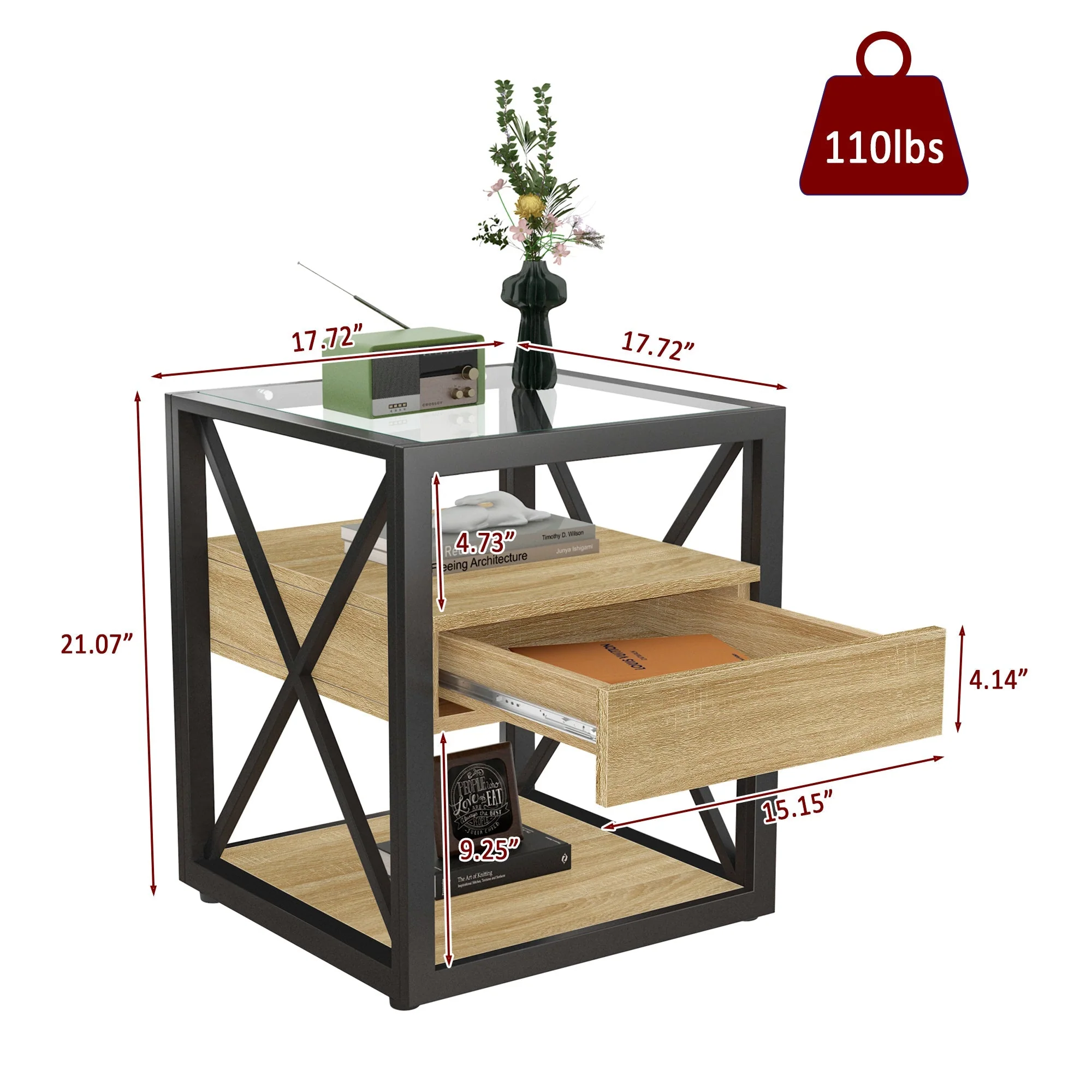 1 Piece Modern End Table with Drawer - Natural Wood & Tempered Glass - Image 6