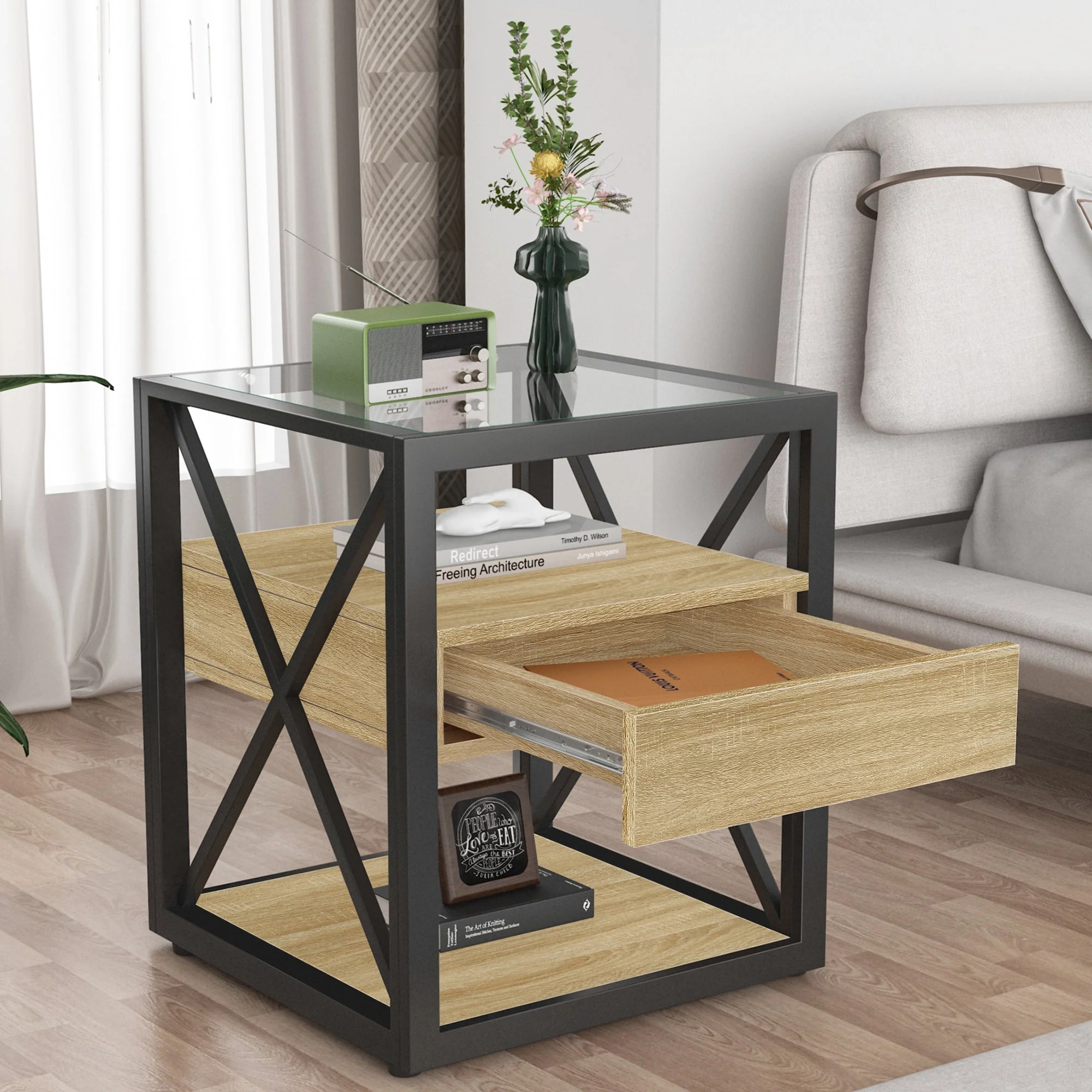 1 Piece Modern End Table with Drawer - Natural Wood & Tempered Glass - Image 7