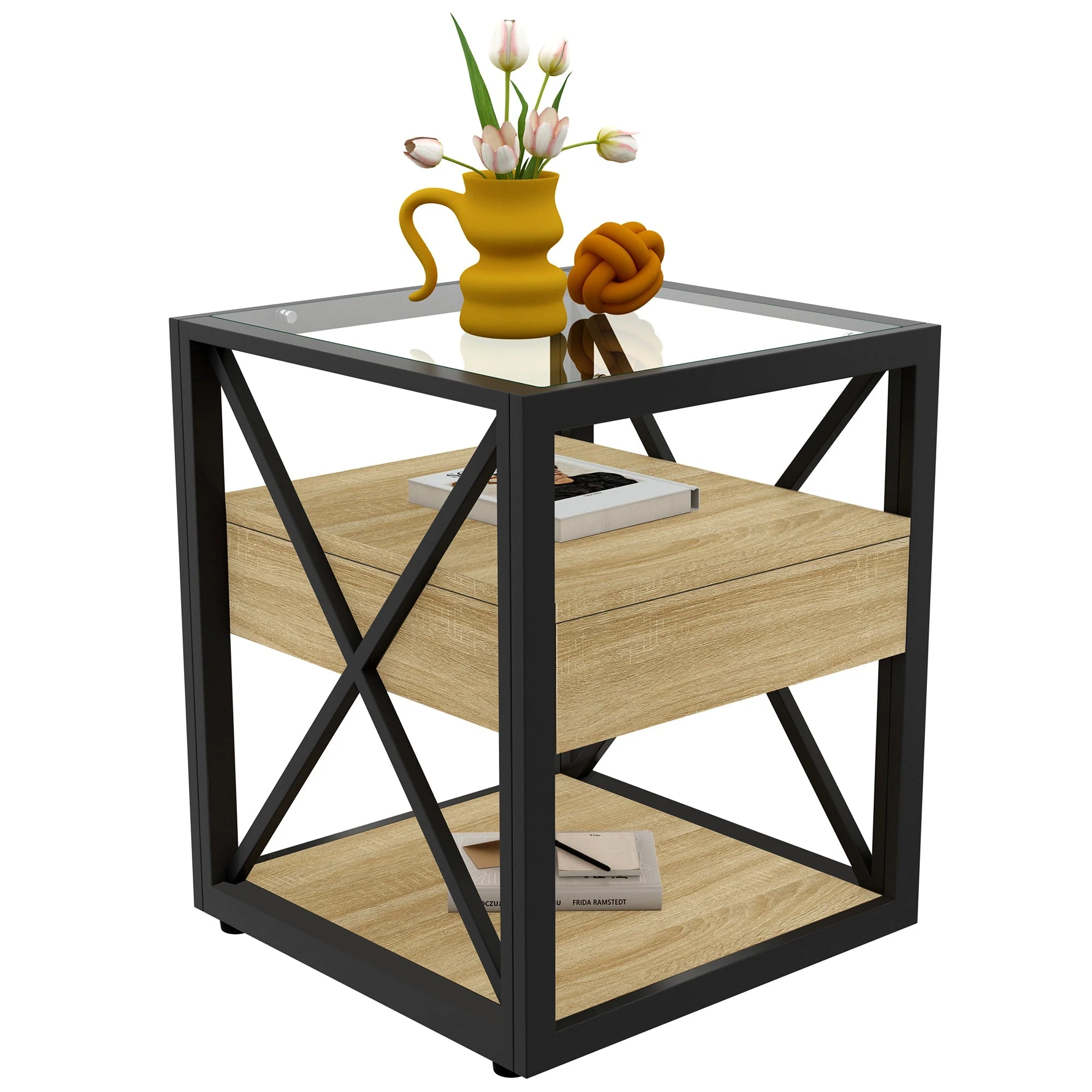 1 Piece Modern End Table with Drawer - Natural Wood & Tempered Glass - Image 9