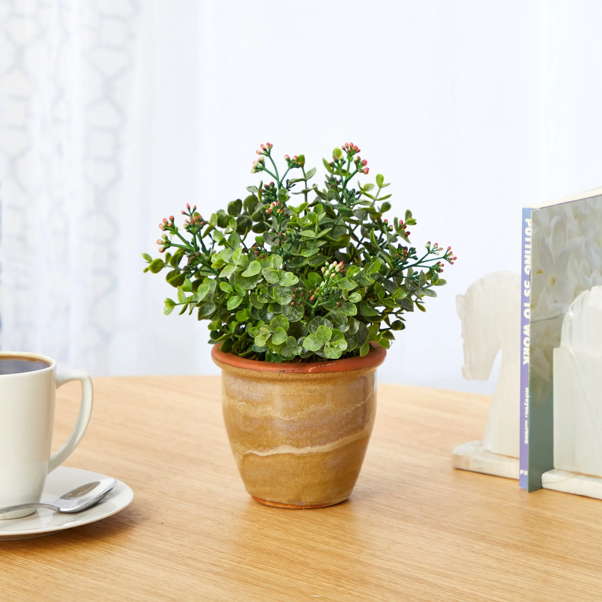 10” Eucalyptus and Sedum Succulent Artificial Plant in Ceramic Planter - Image 3