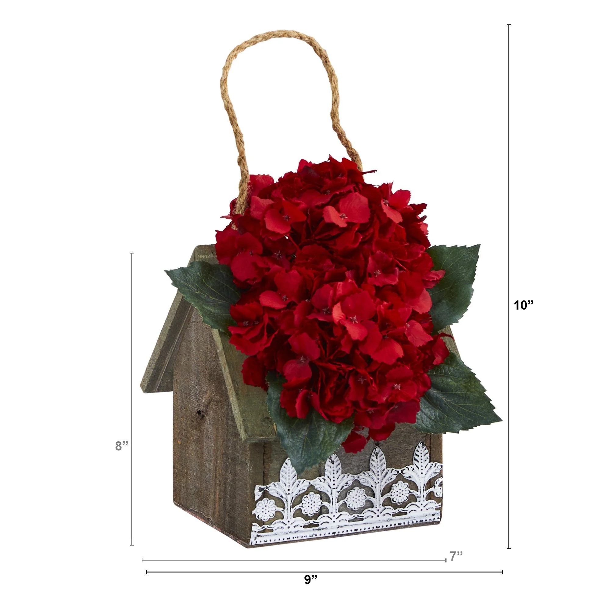 10” Hydrangea Artificial Arrangement in Hanging Floral Design House Planter - Image 3