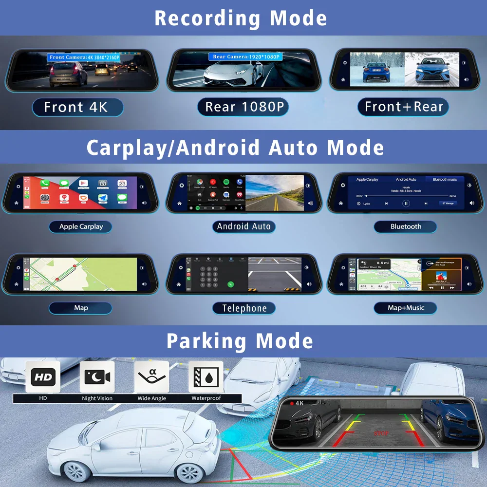 10 Inch 4K Dash Cam Rearview Mirror CarPlay Android Auto GPS WiFi DVR Dual Cam - Image 6