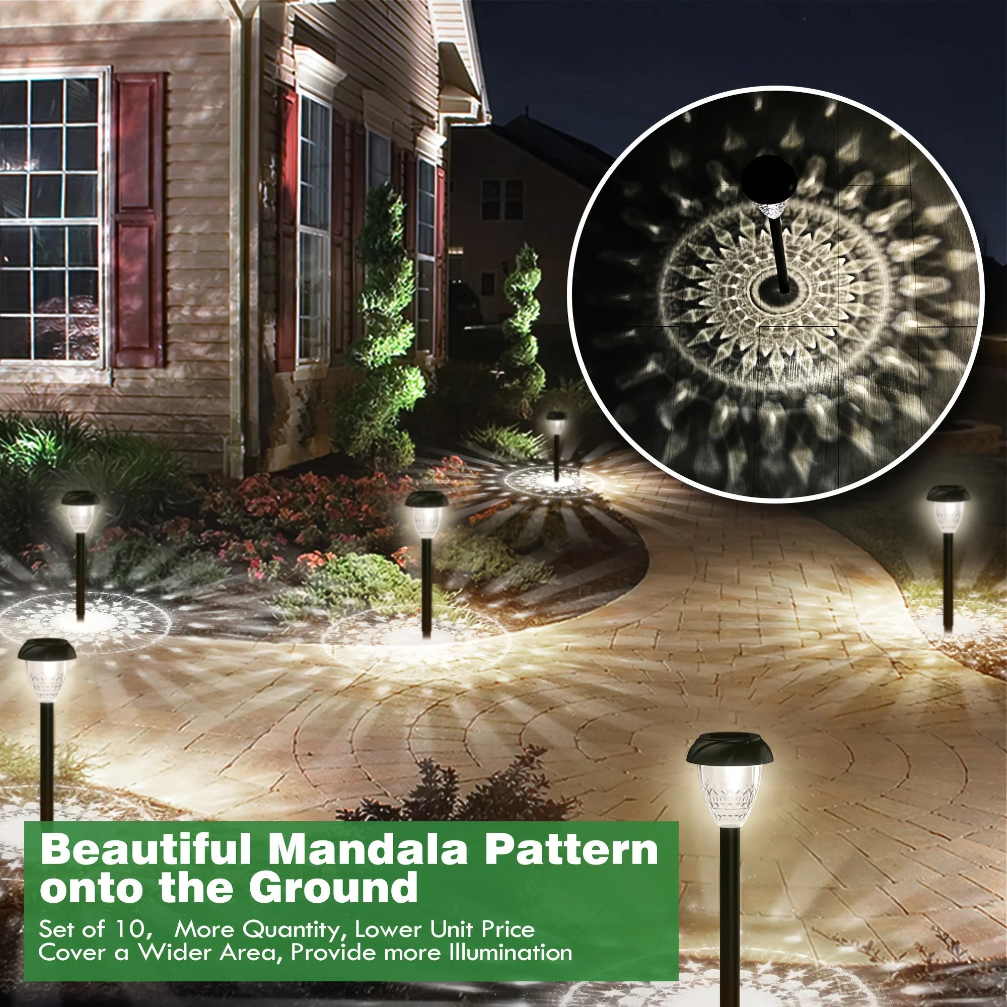 10-Pack Solar Pathway Lights – Bright White LED, Auto On/Off, Mandala Pattern Moktan Sabai - Image 2