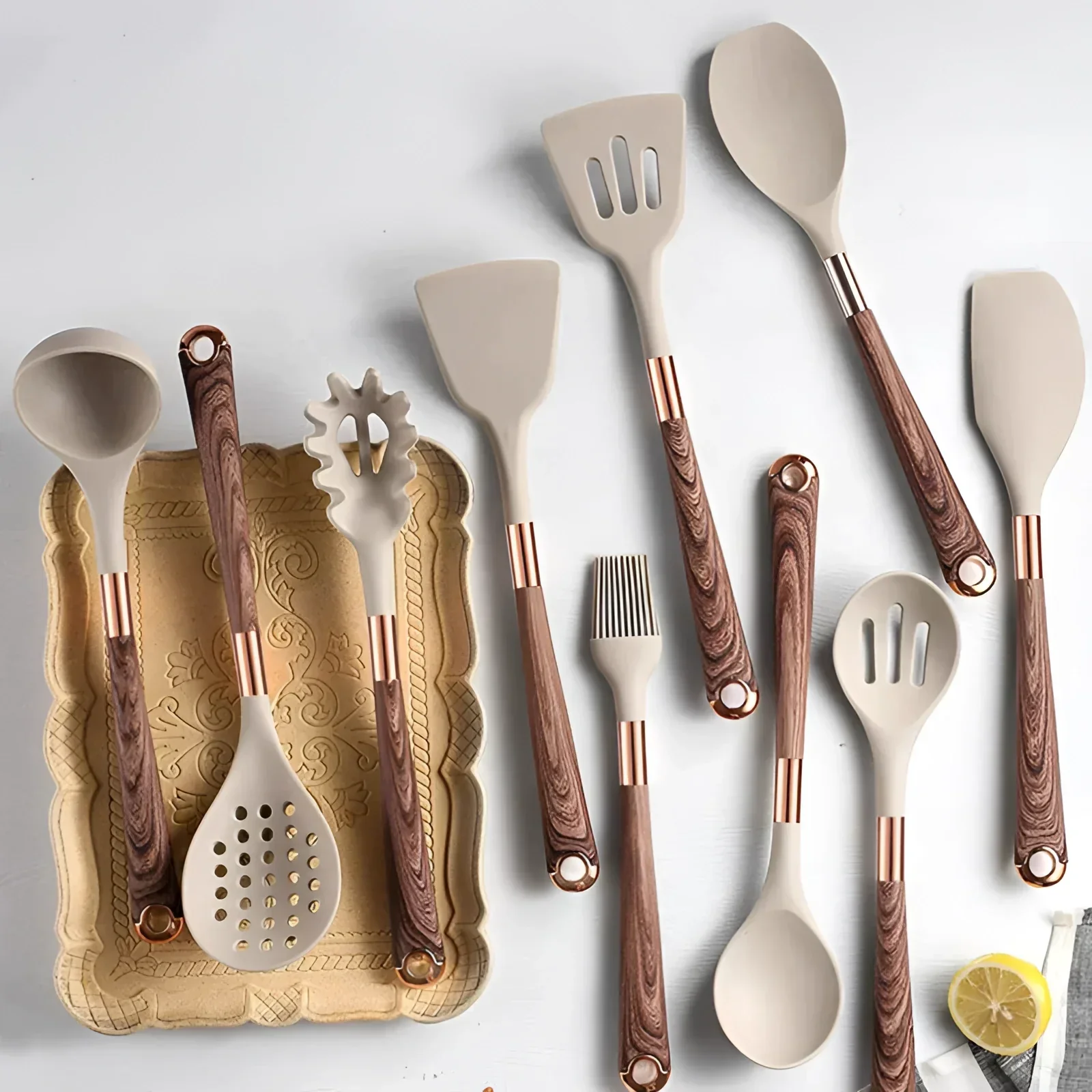 10-Piece Silicone Kitchen Utensil Set Copper Wood Handle Heat Resistant - Image 2