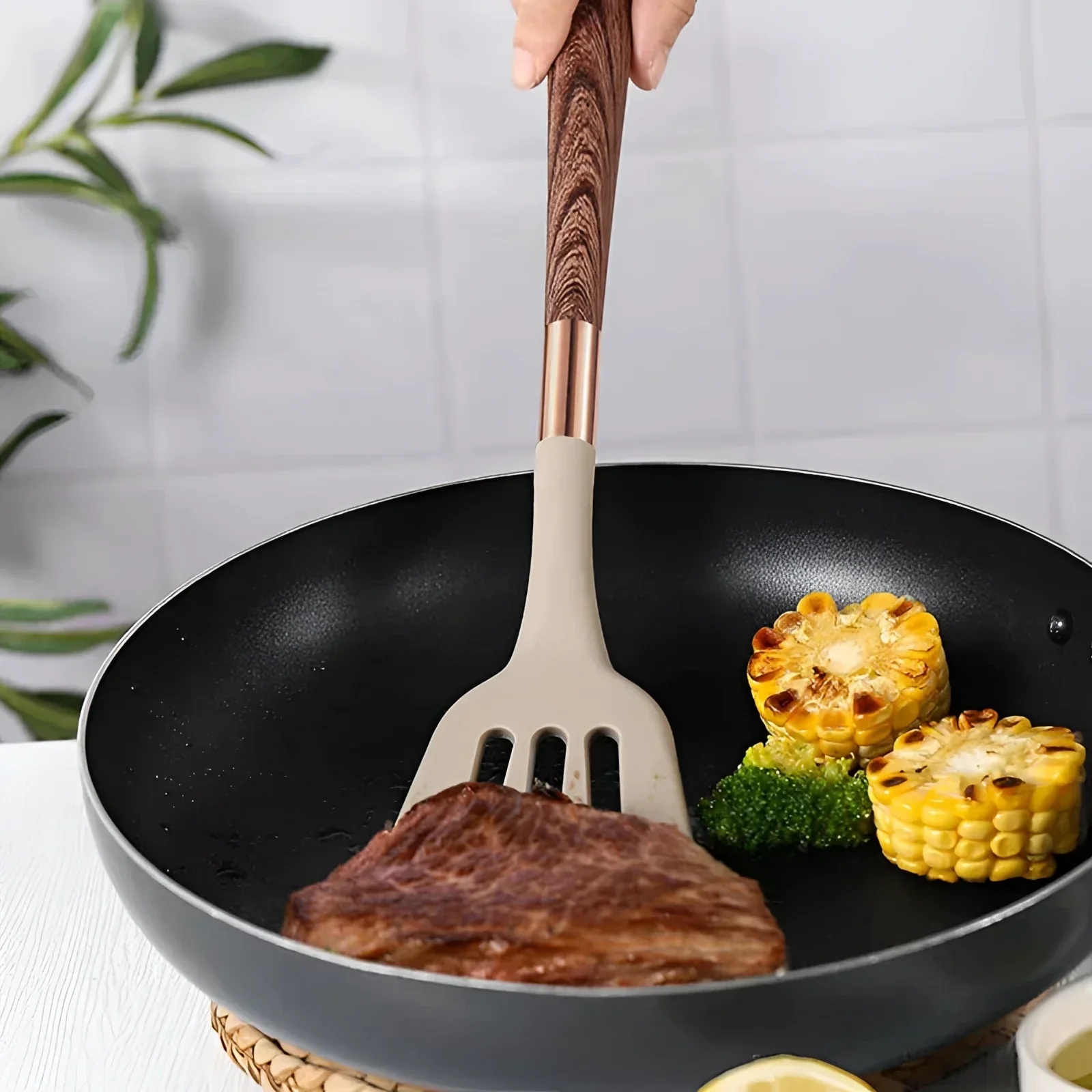 10-Piece Silicone Kitchen Utensil Set Copper Wood Handle Heat Resistant - Image 4