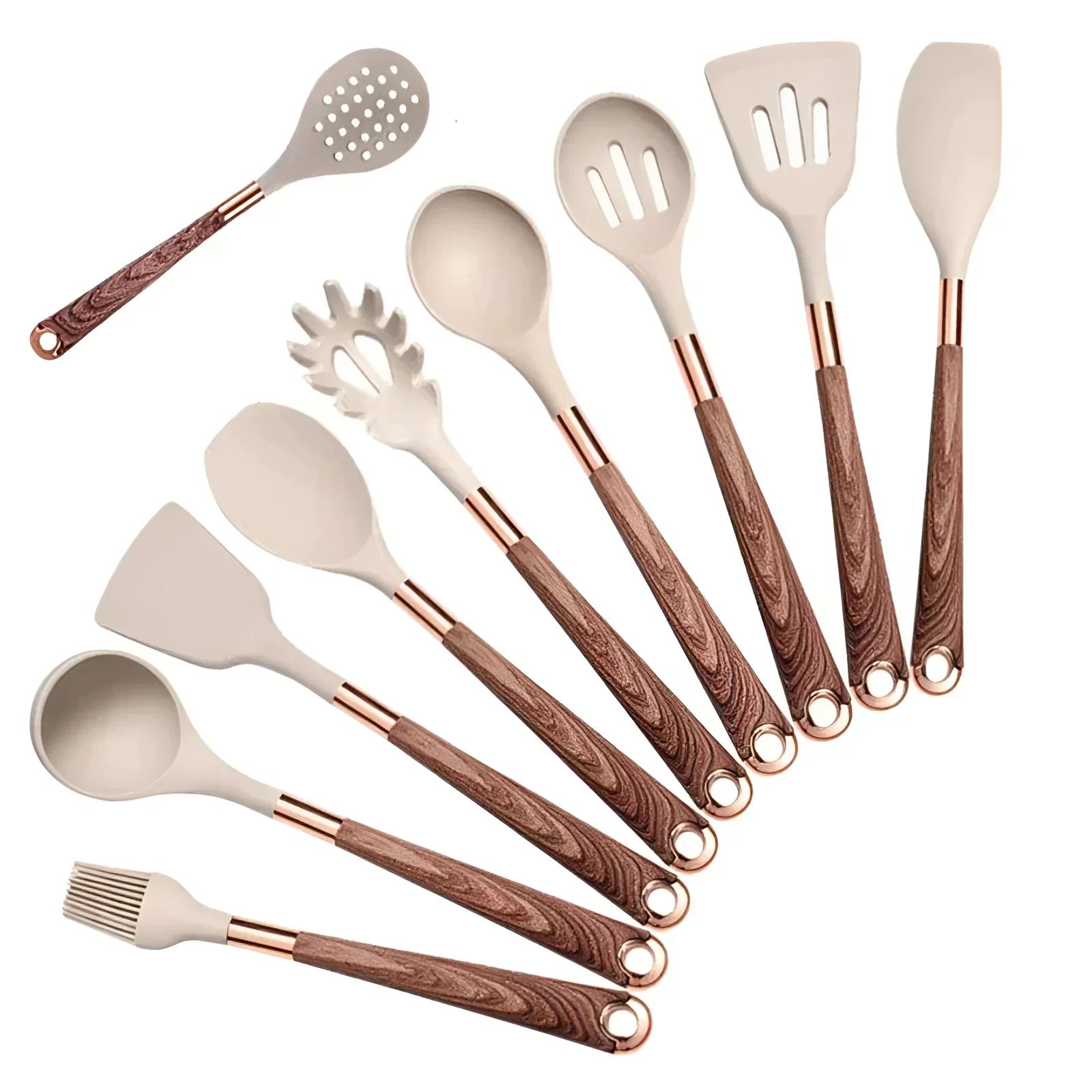10-Piece Silicone Kitchen Utensil Set Copper Wood Handle Heat Resistant - Image 6