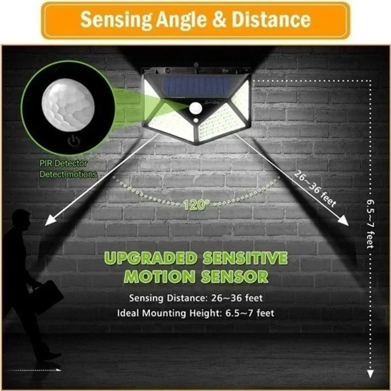 100 LED Solar Motion Sensor Wall Lights Outdoor Waterproof Garden Street Lamp - Image 5