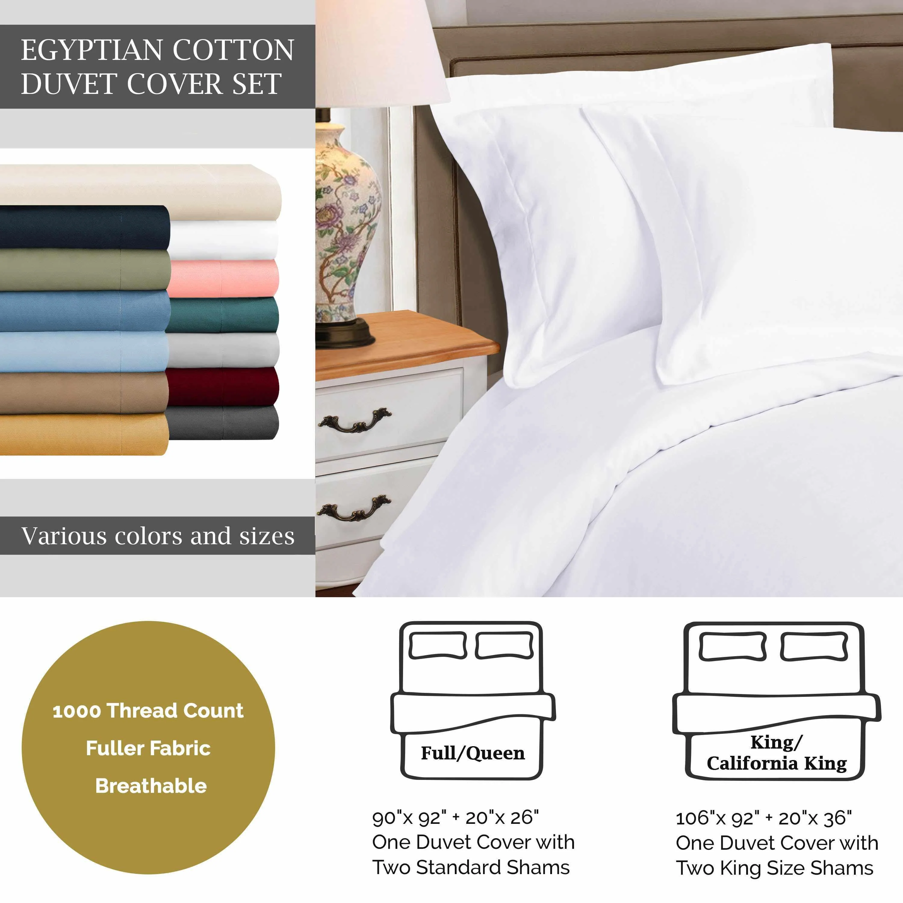 1000 Thread Count Egyptian Cotton Solid Duvet Cover Set - Image 18