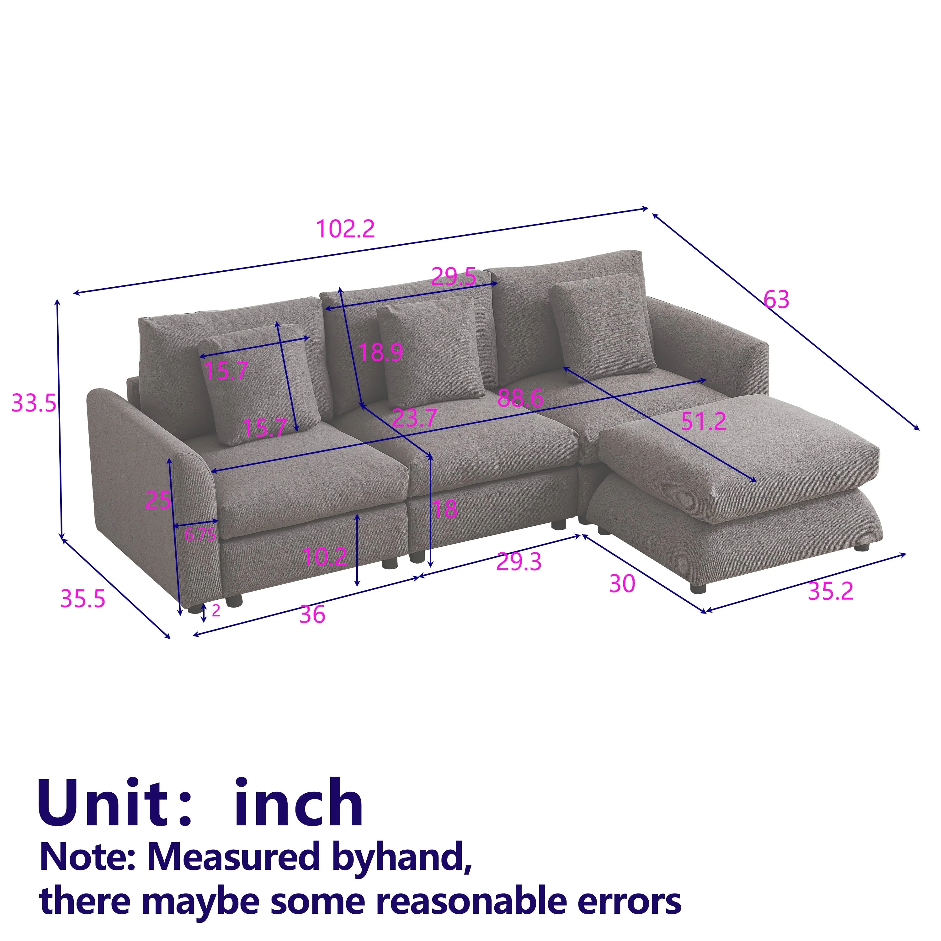 102.2 Inch Combination Modular Sofa with Ottoman Grey - Image 3