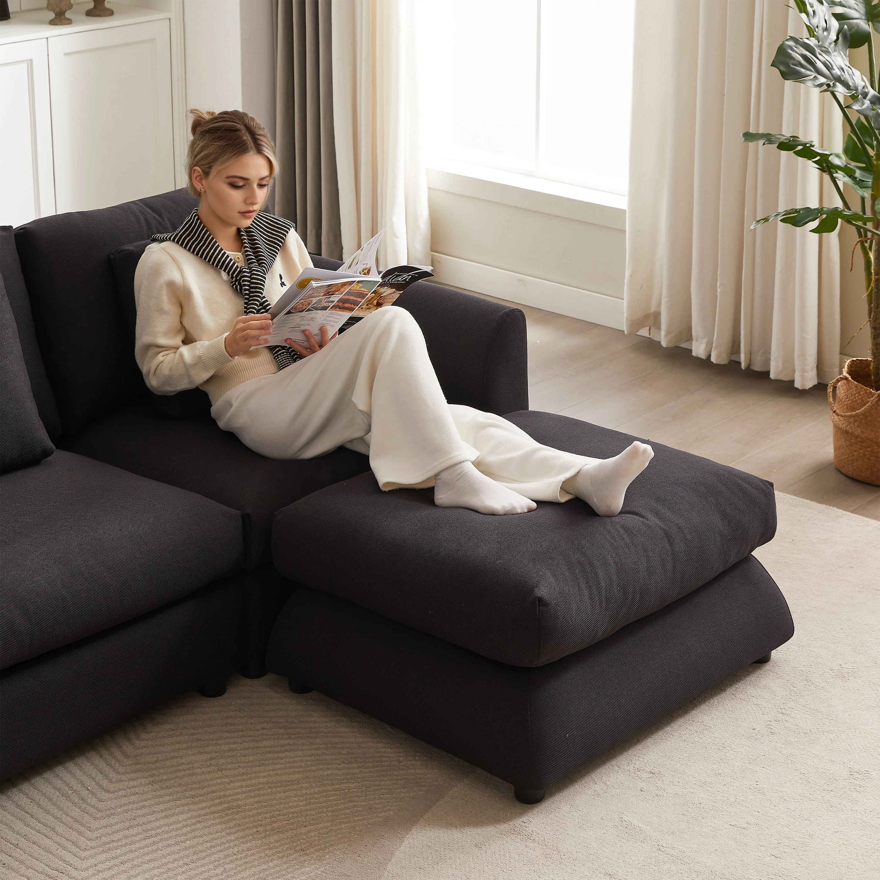 102.2 Inch Combination Sofa Modular Sofa with Ottoman Black - Image 10