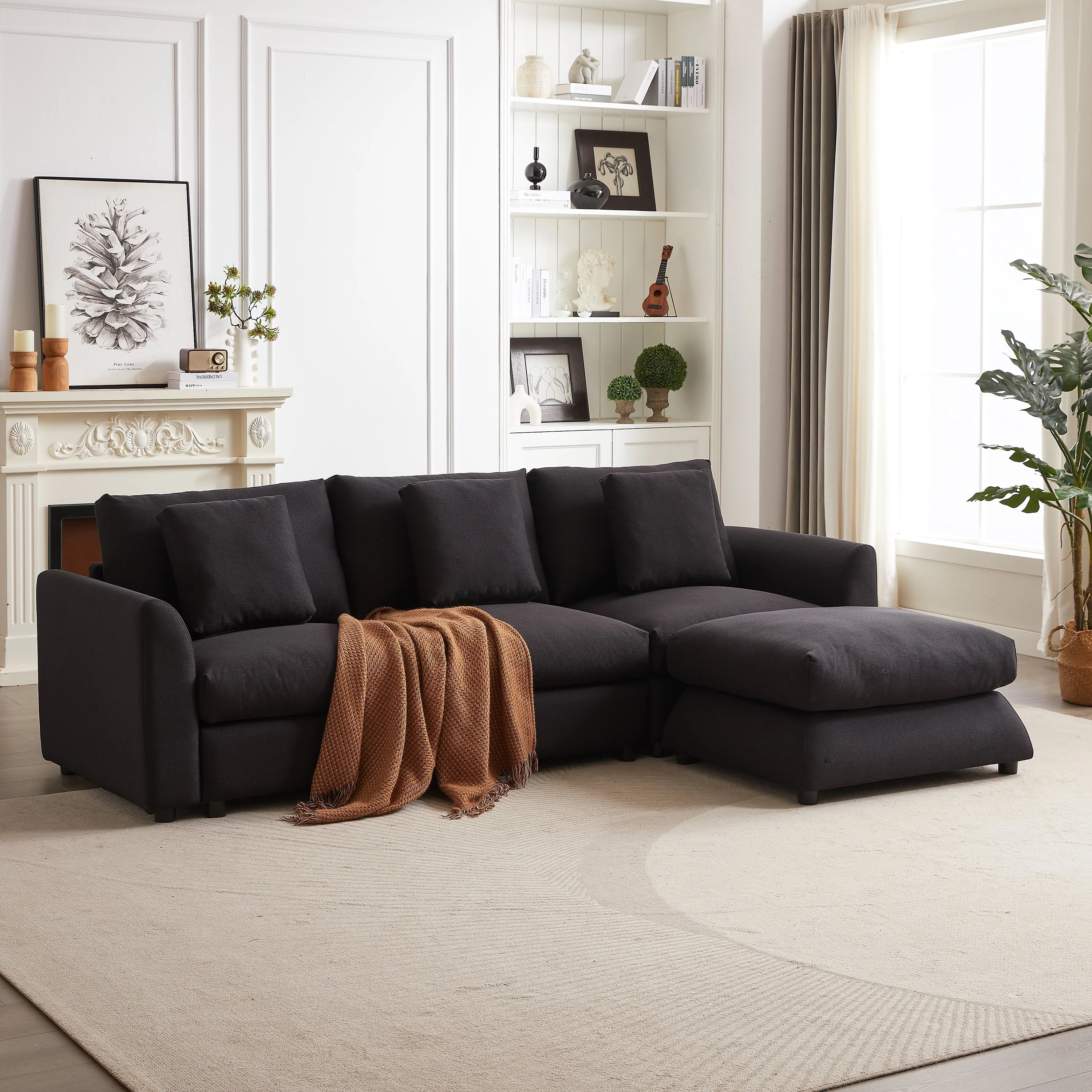 102.2 Inch Combination Sofa Modular Sofa with Ottoman Black - Image 5