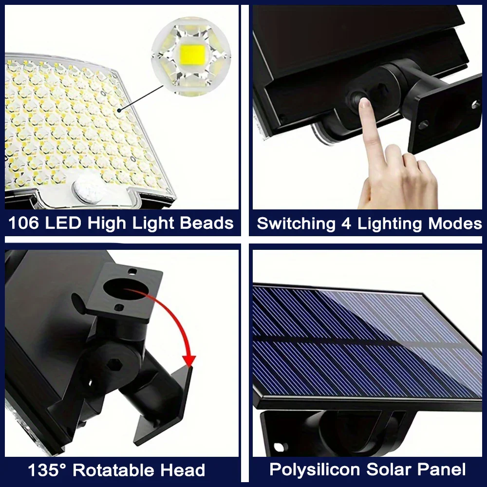 106LED Solar Motion Sensor Outdoor Light Waterproof Security Wall Flood Lamp - Image 4