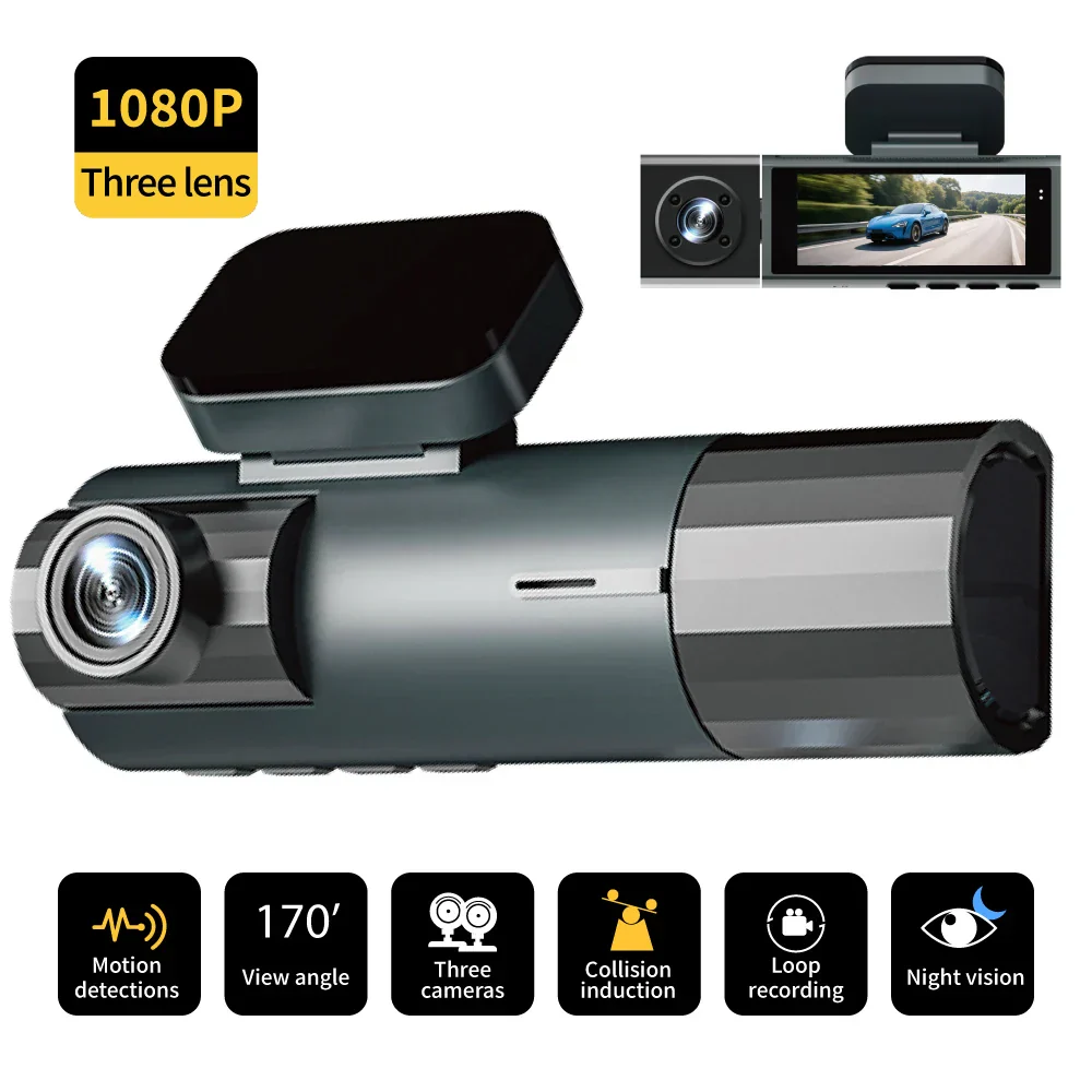 1080P WiFi Dash Cam 3-Way Front Inside Rear Car DVR Night Vision G-Sensor Loop - Image 2