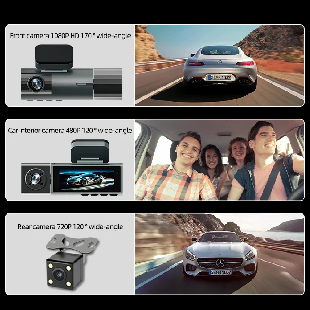 1080P WiFi Dash Cam 3-Way Front Inside Rear Car DVR Night Vision G-Sensor Loop - Image 4