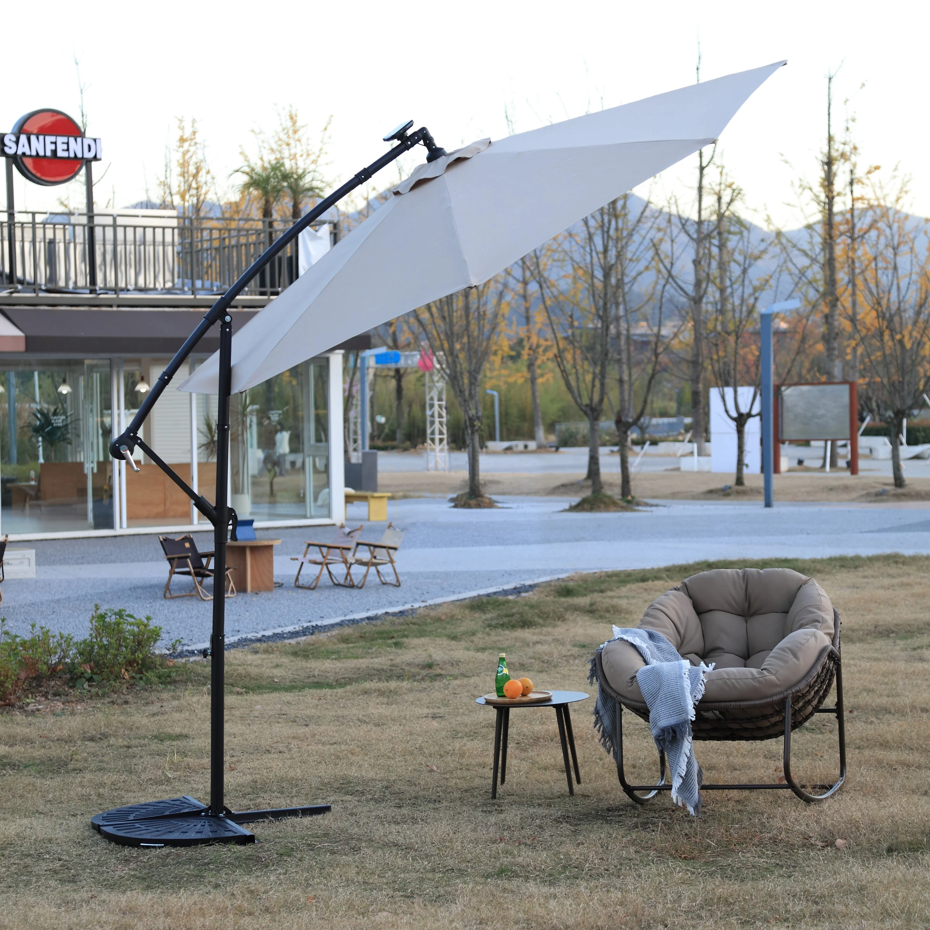 10ft Solar LED Offset Hanging Market Patio Umbrella (Khaki) - Image 5