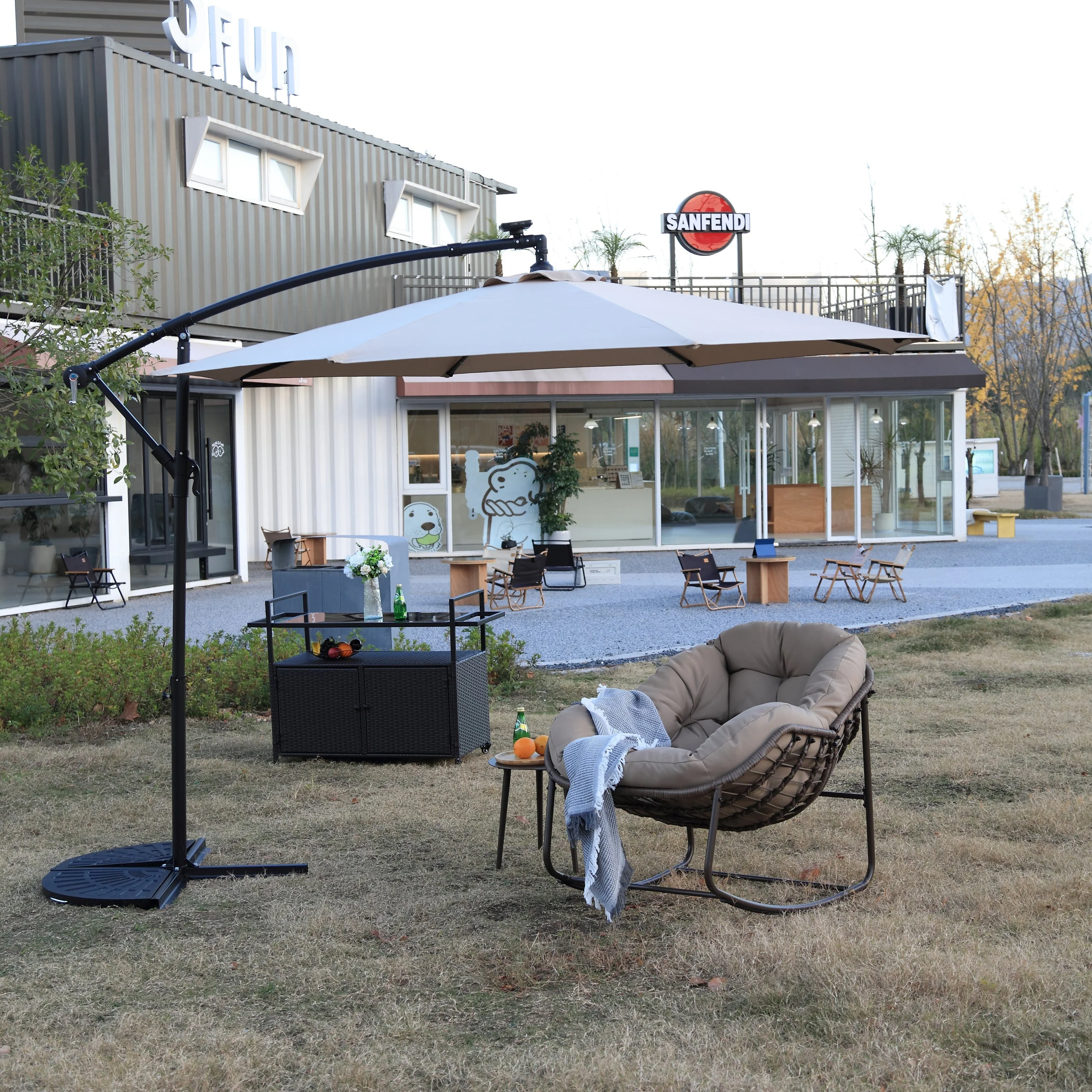 10ft Solar LED Offset Hanging Market Patio Umbrella (Khaki) - Image 7