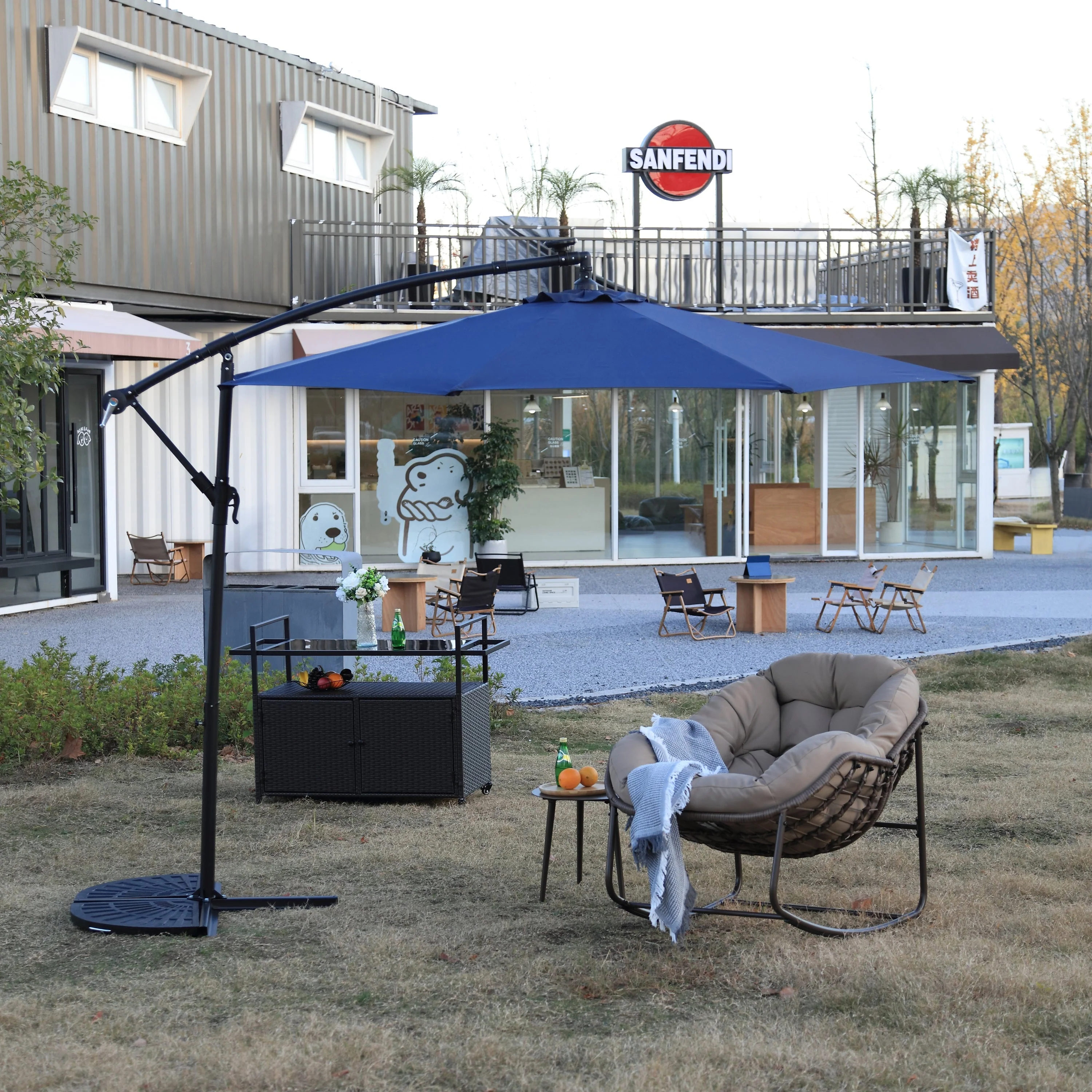 10ft Solar LED Offset Hanging Market Patio Umbrella - Navy Blue - Image 3