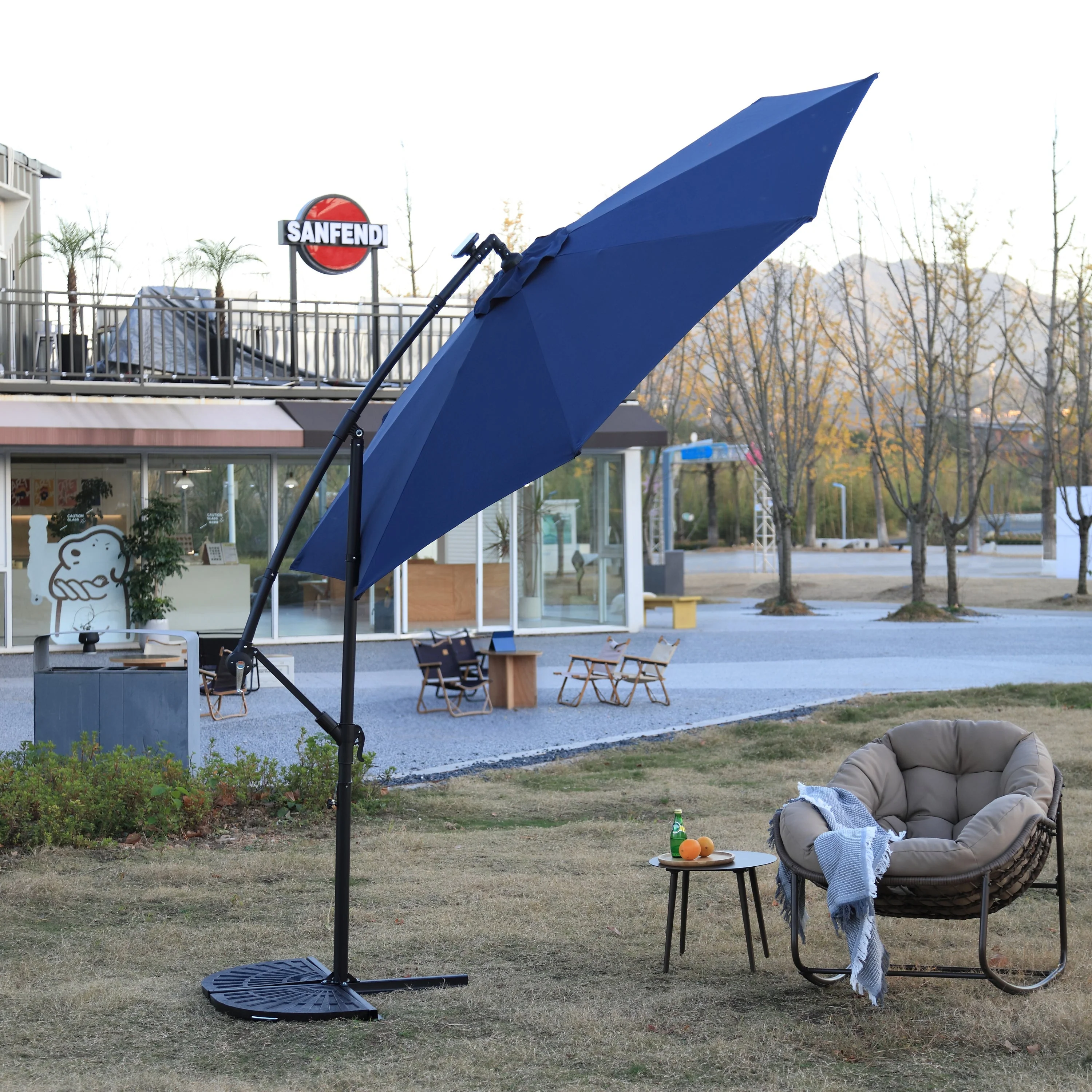10ft Solar LED Offset Hanging Market Patio Umbrella - Navy Blue - Image 4