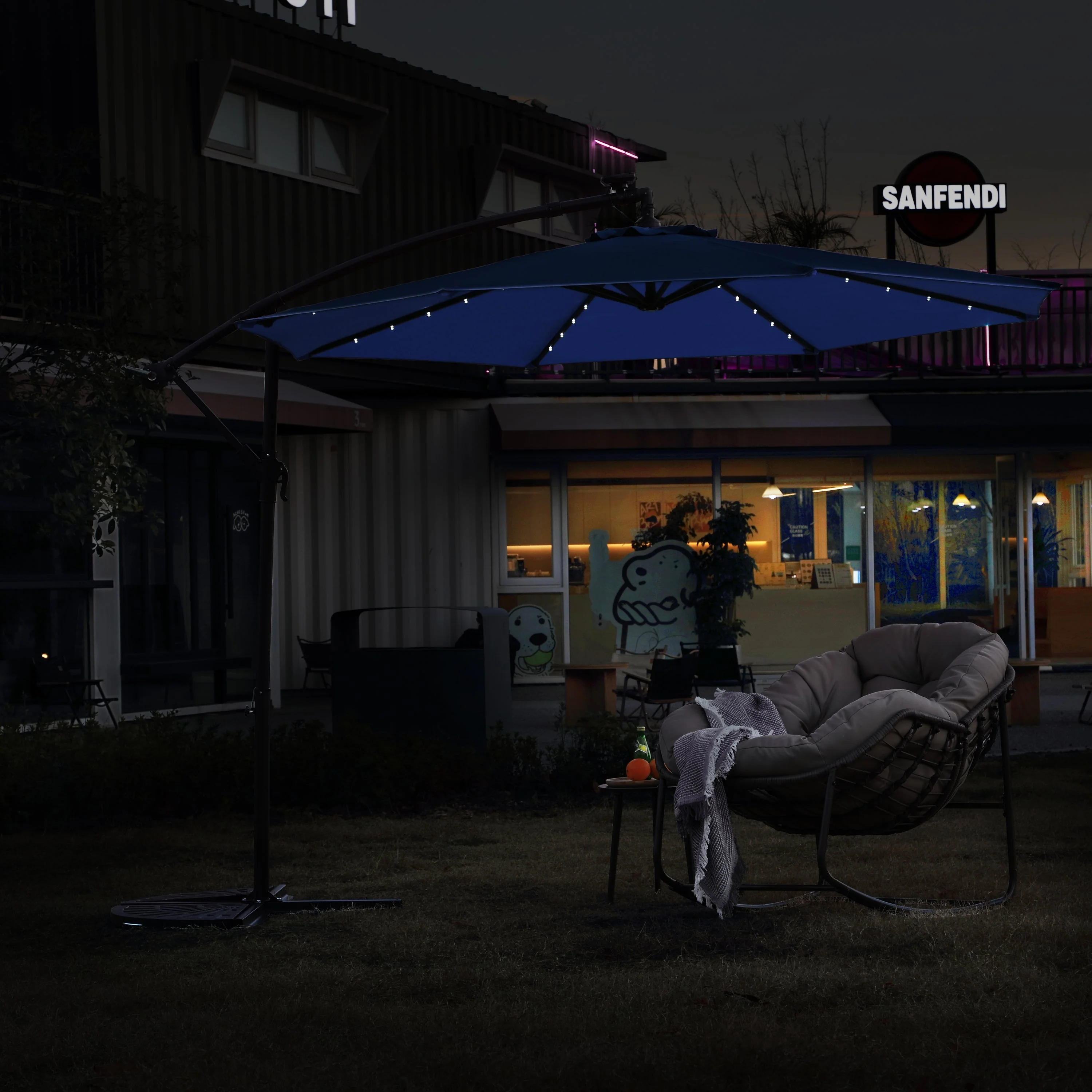 10ft Solar LED Offset Hanging Market Patio Umbrella - Navy Blue - Image 5