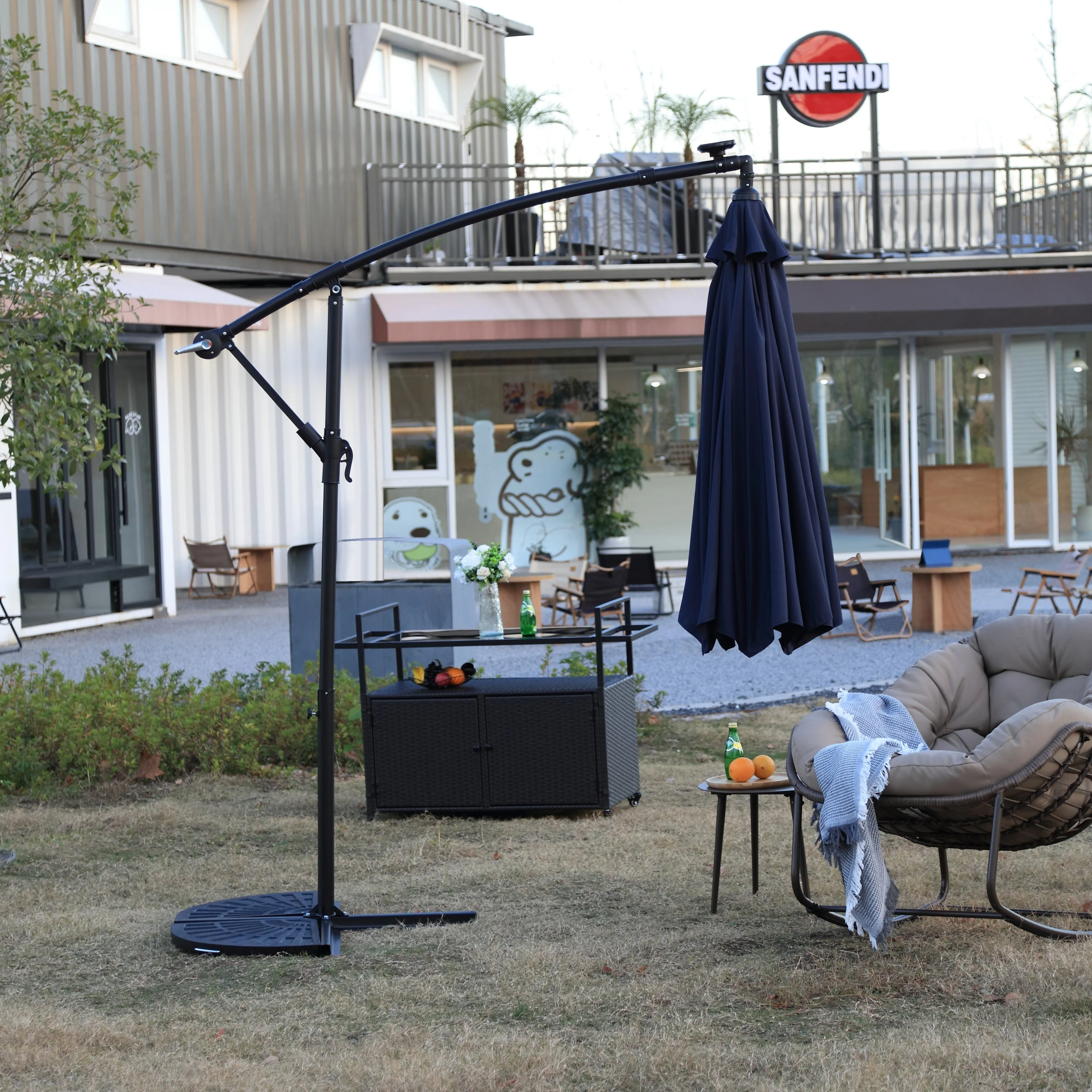 10ft Solar LED Offset Hanging Market Patio Umbrella - Navy Blue - Image 6