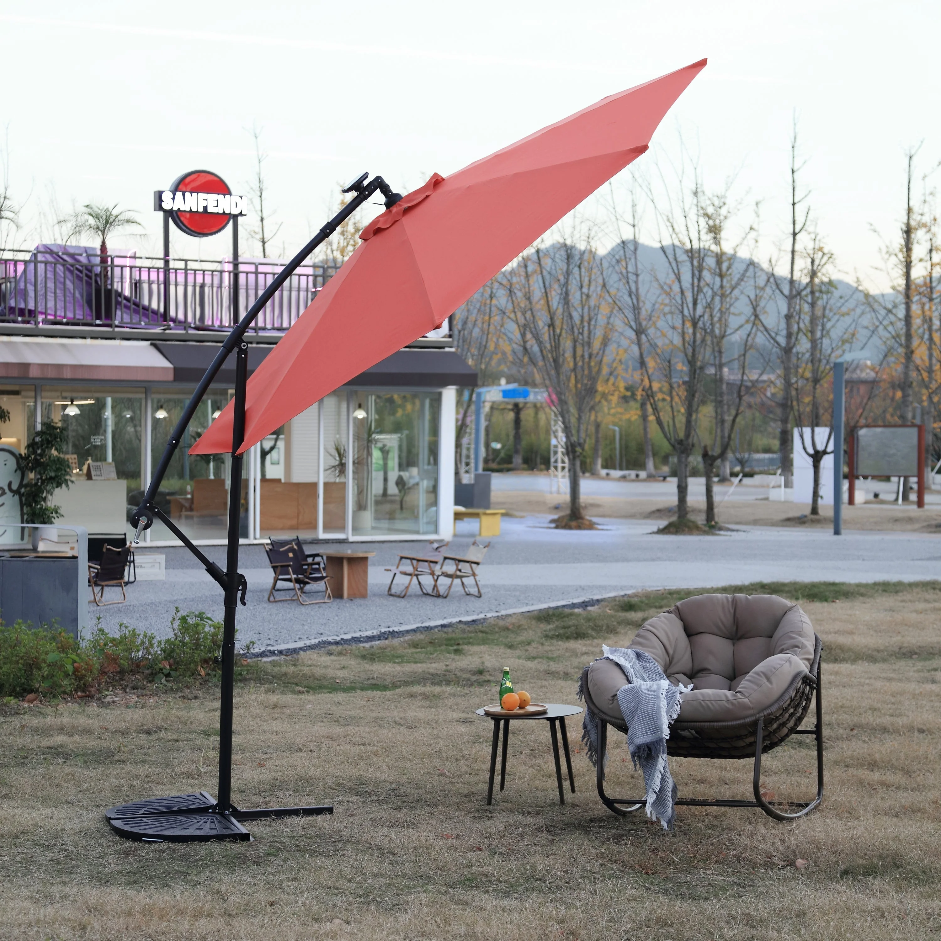 10ft Solar LED Offset Hanging Market Patio Umbrella (Orange) - Image 4