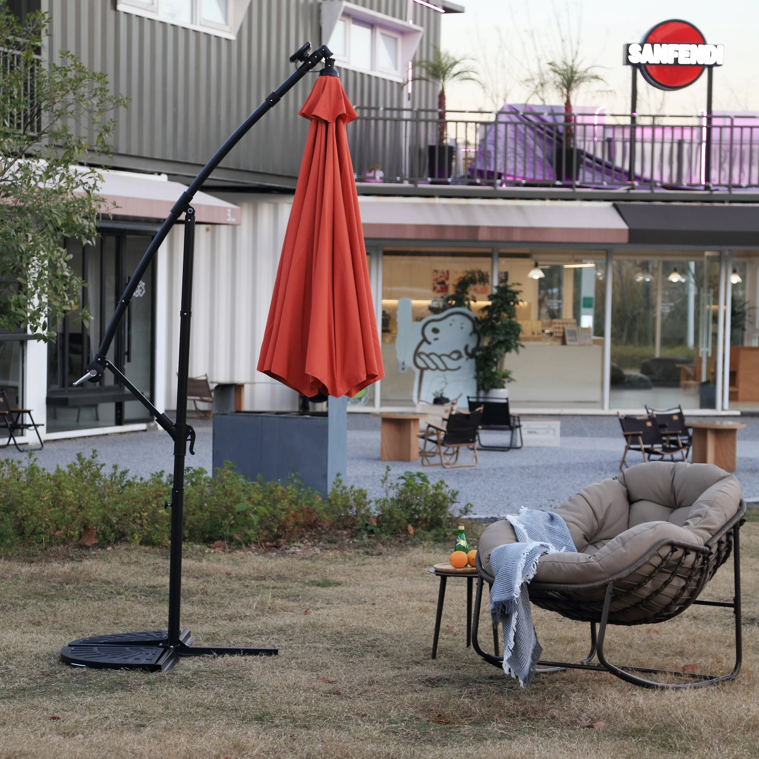 10ft Solar LED Offset Hanging Market Patio Umbrella (Orange) - Image 5
