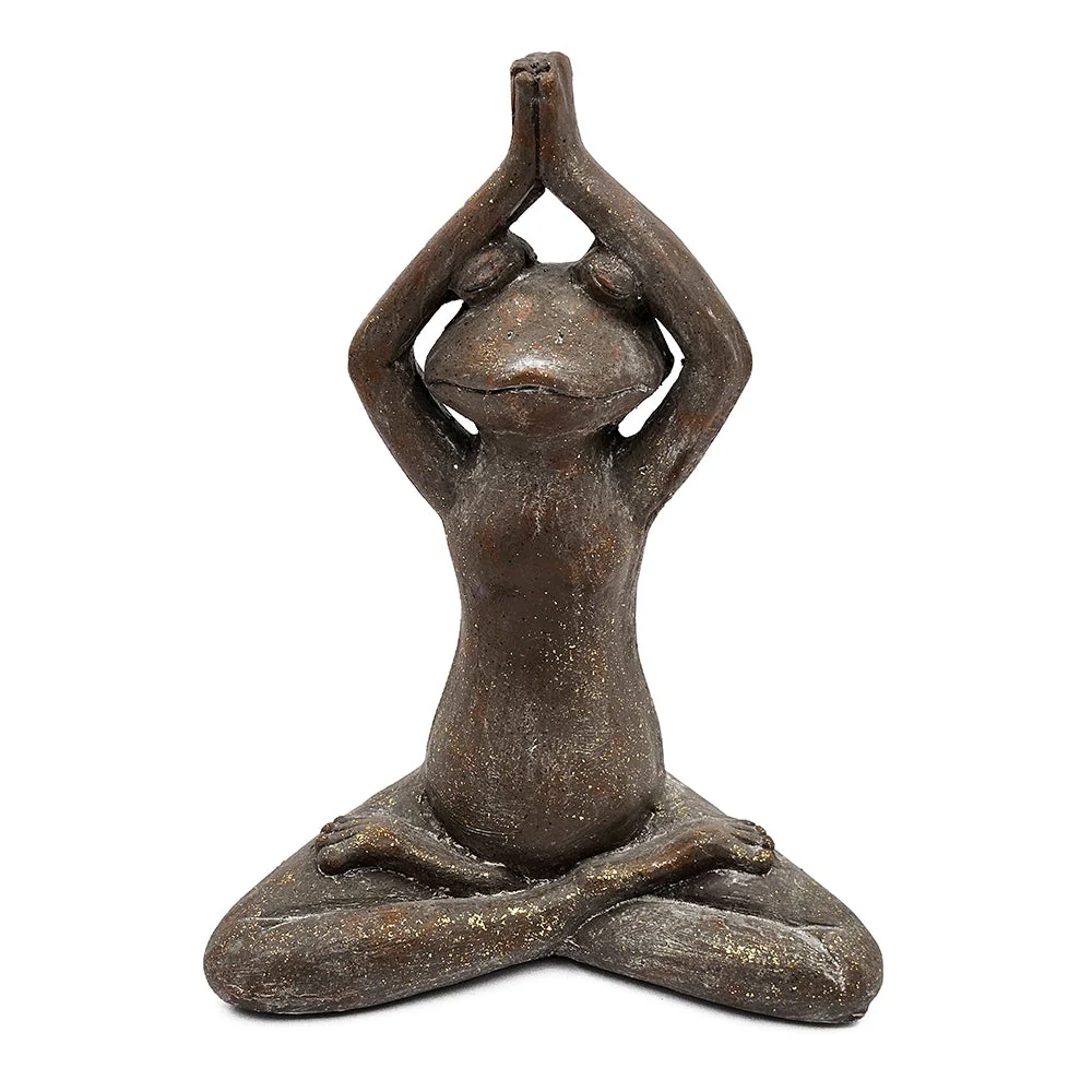 11.5x6.5x15 Brown Magnesium Yoga Frog Figurine in Namaste Pose with Gold Accents - Image 3