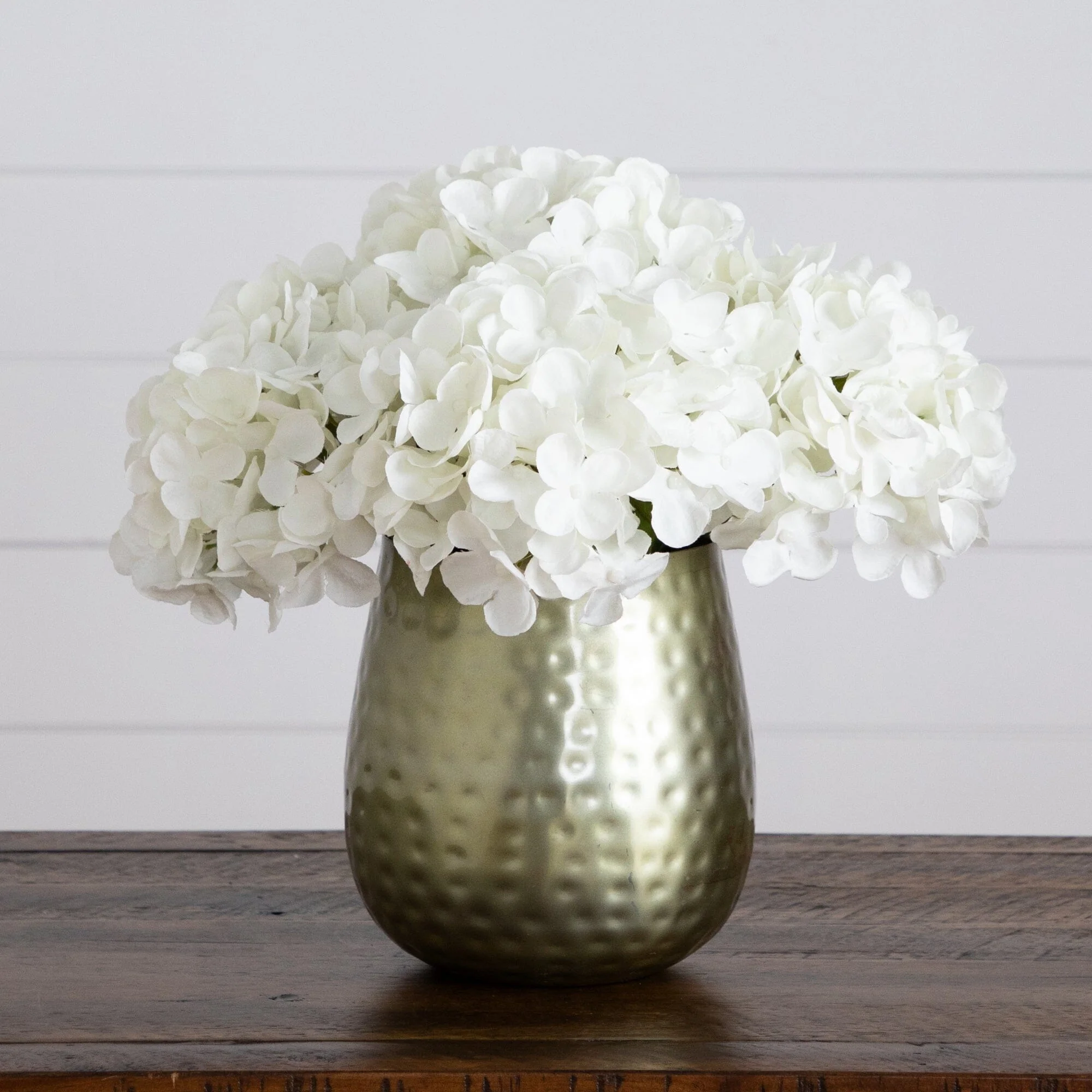 11” Artificial Hydrangea Arrangement in Gold Metal Vase - Image 10