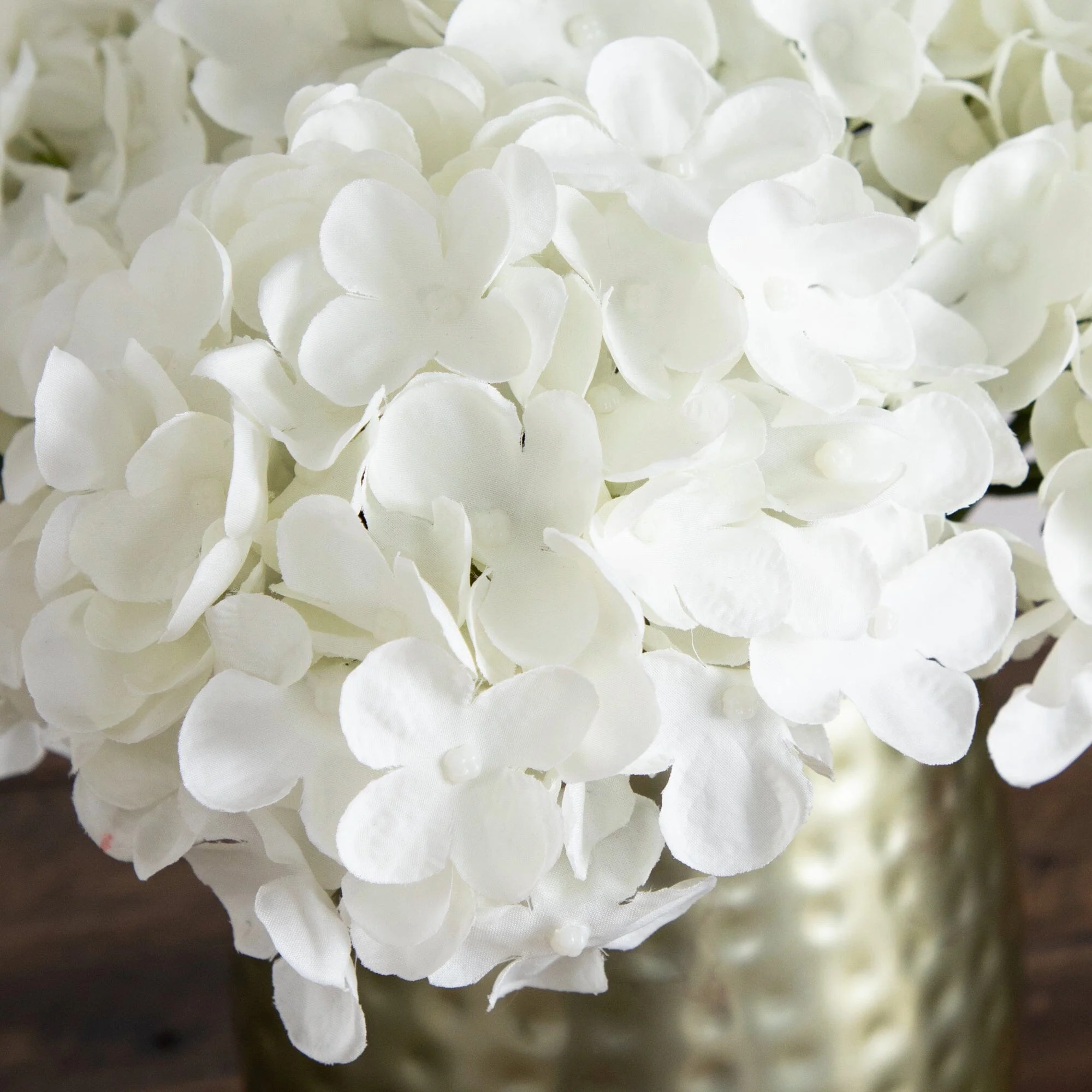 11” Artificial Hydrangea Arrangement in Gold Metal Vase - Image 11