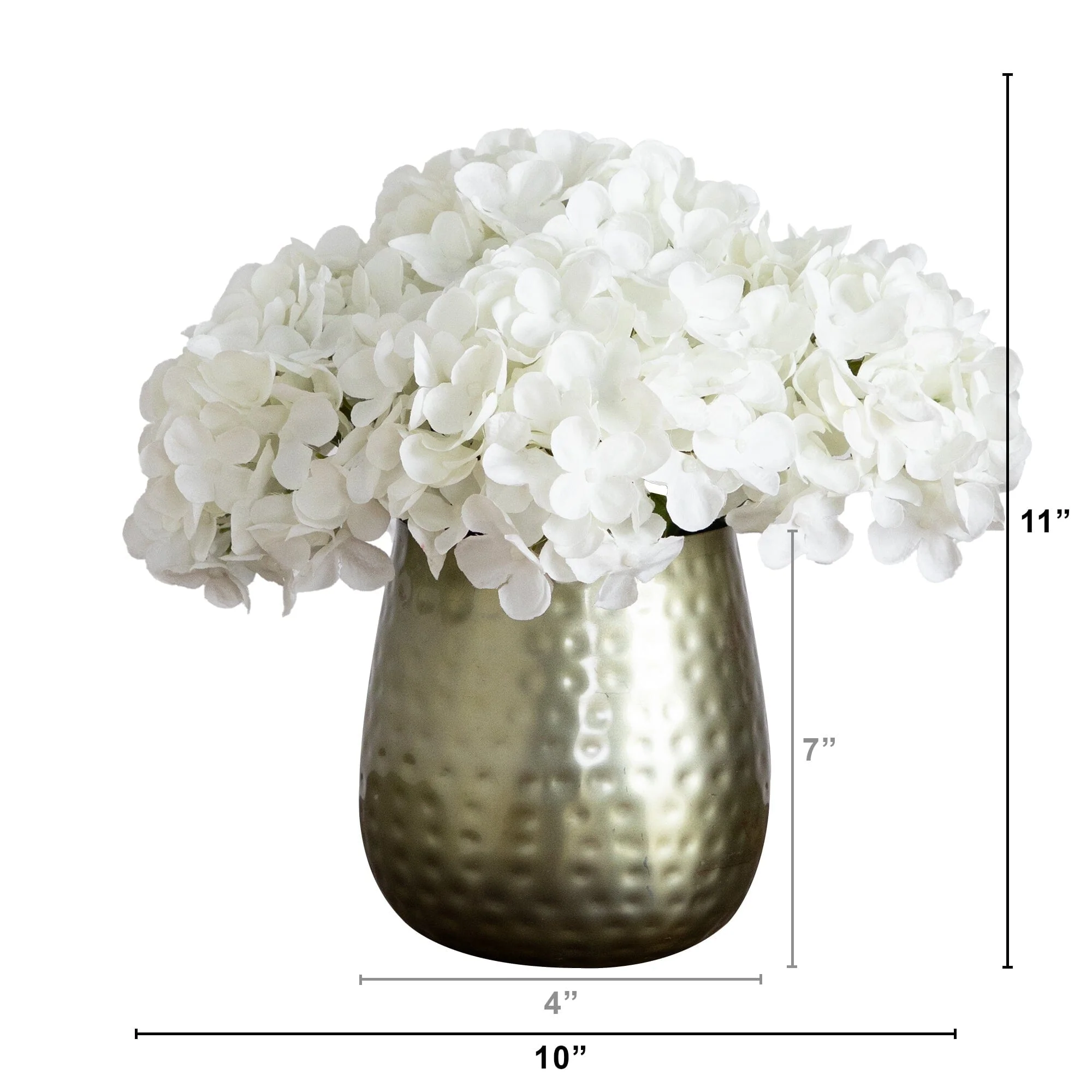 11” Artificial Hydrangea Arrangement in Gold Metal Vase - Image 12