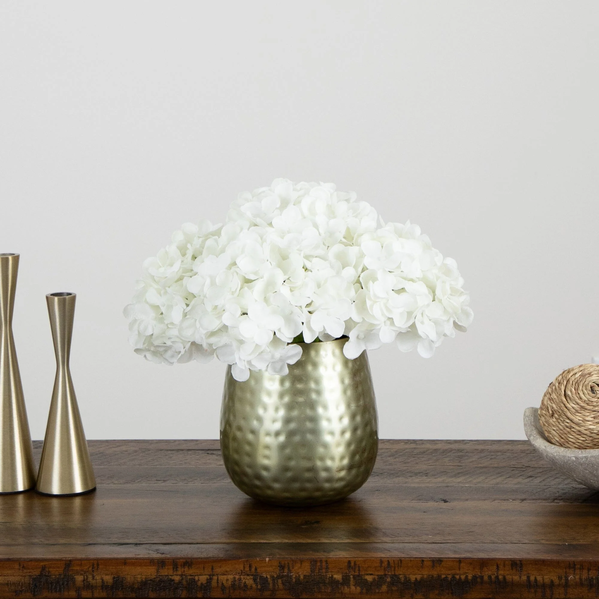 11” Artificial Hydrangea Arrangement in Gold Metal Vase - Image 13