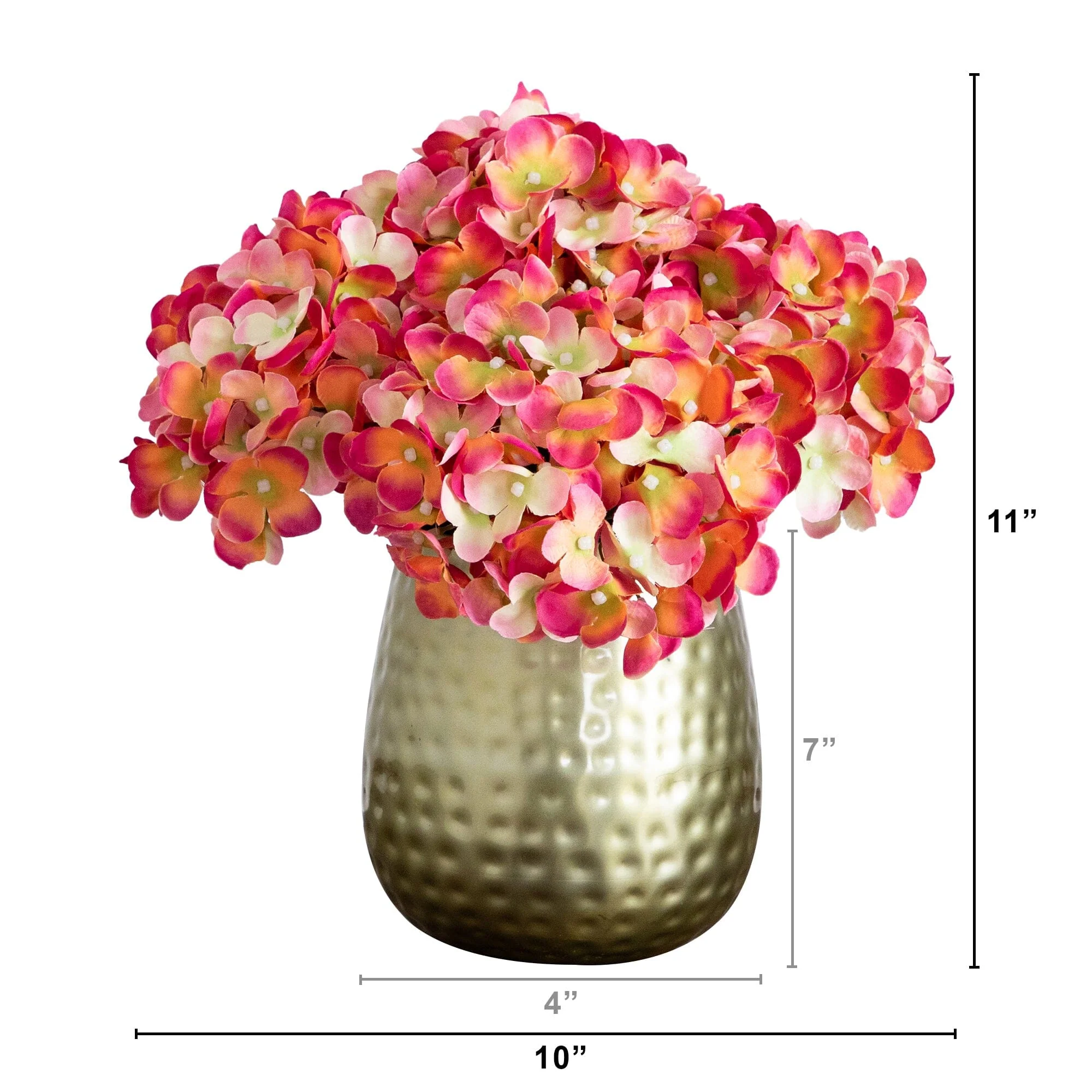 11” Artificial Hydrangea Arrangement in Gold Metal Vase - Image 3