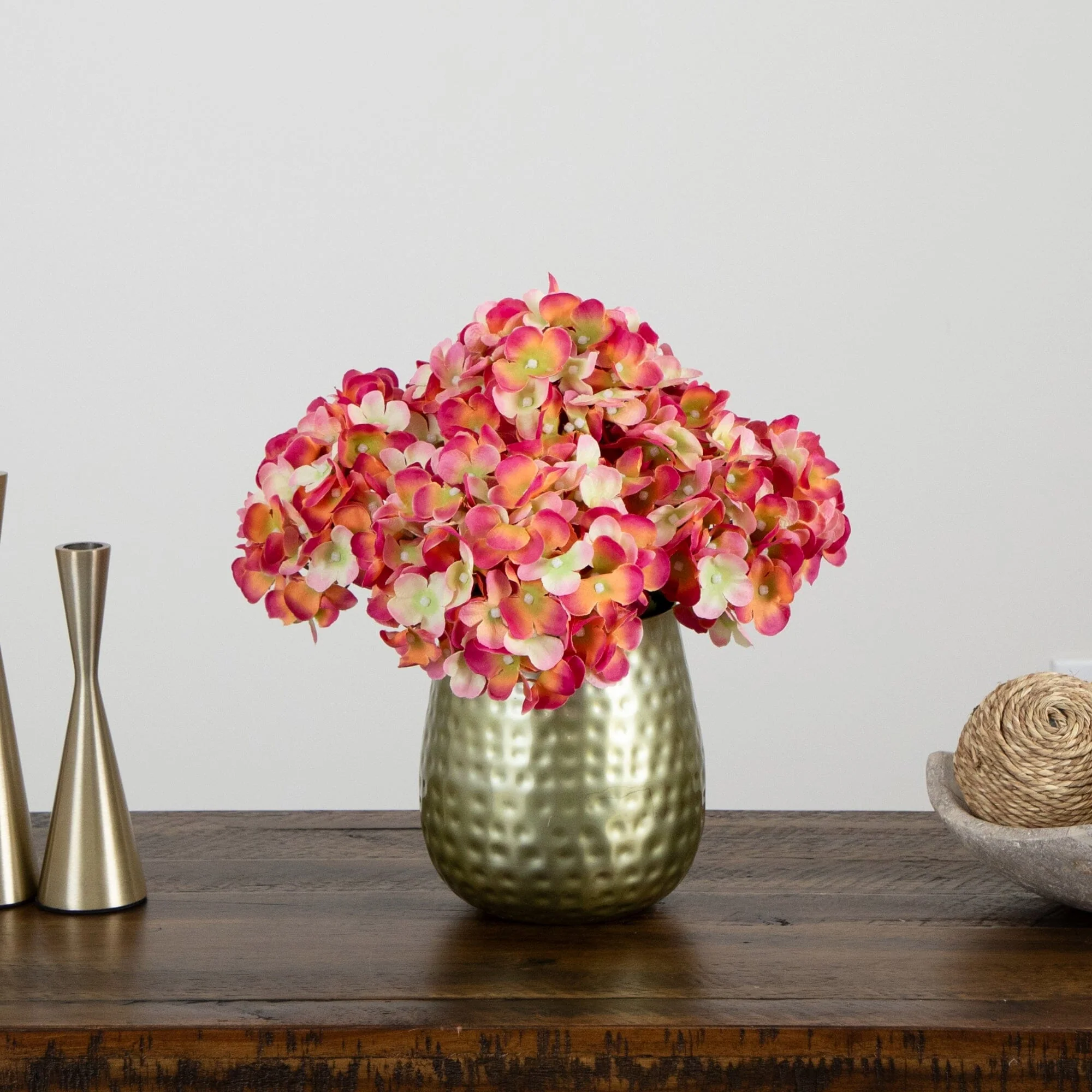 11” Artificial Hydrangea Arrangement in Gold Metal Vase - Image 4