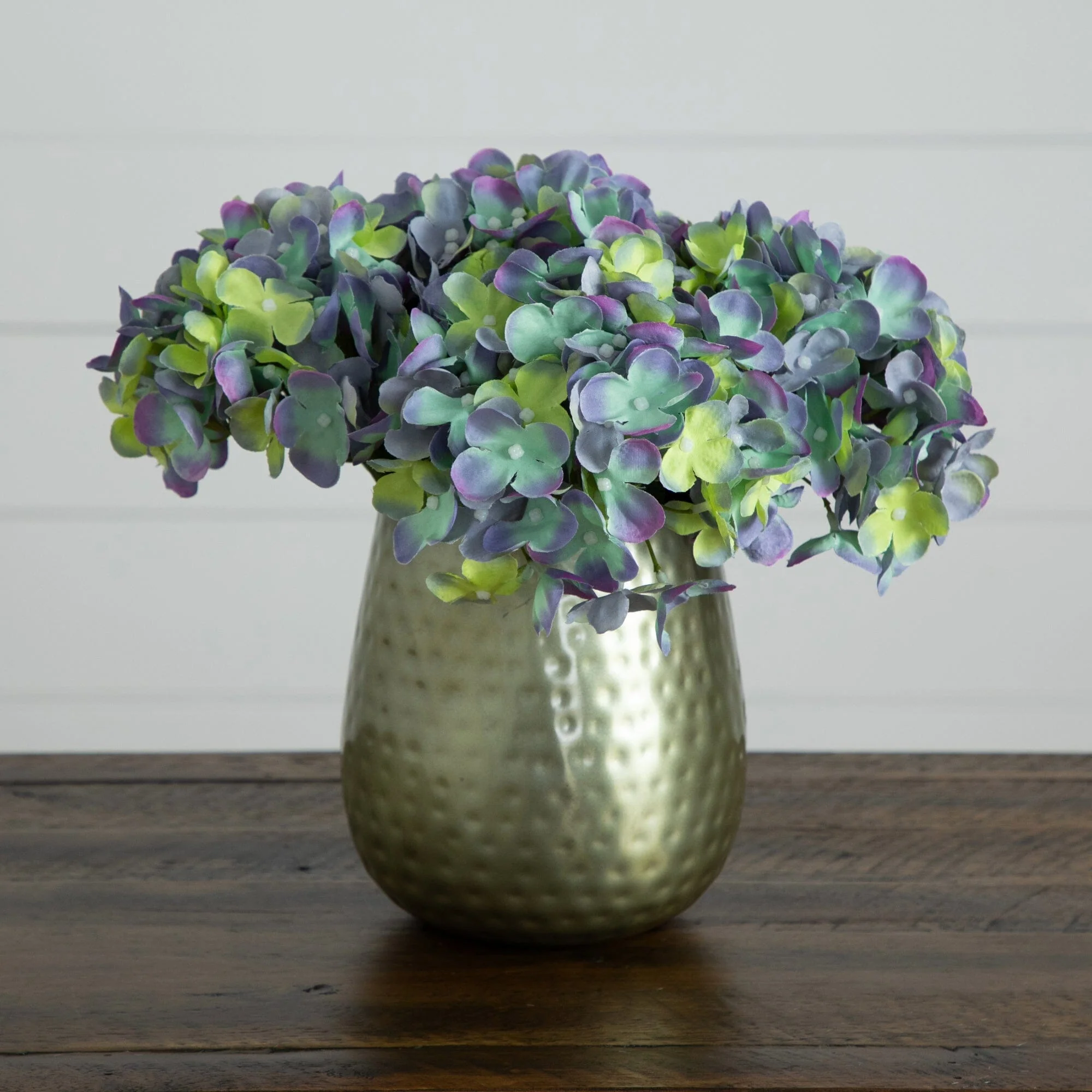 11” Artificial Hydrangea Arrangement in Gold Metal Vase - Image 5