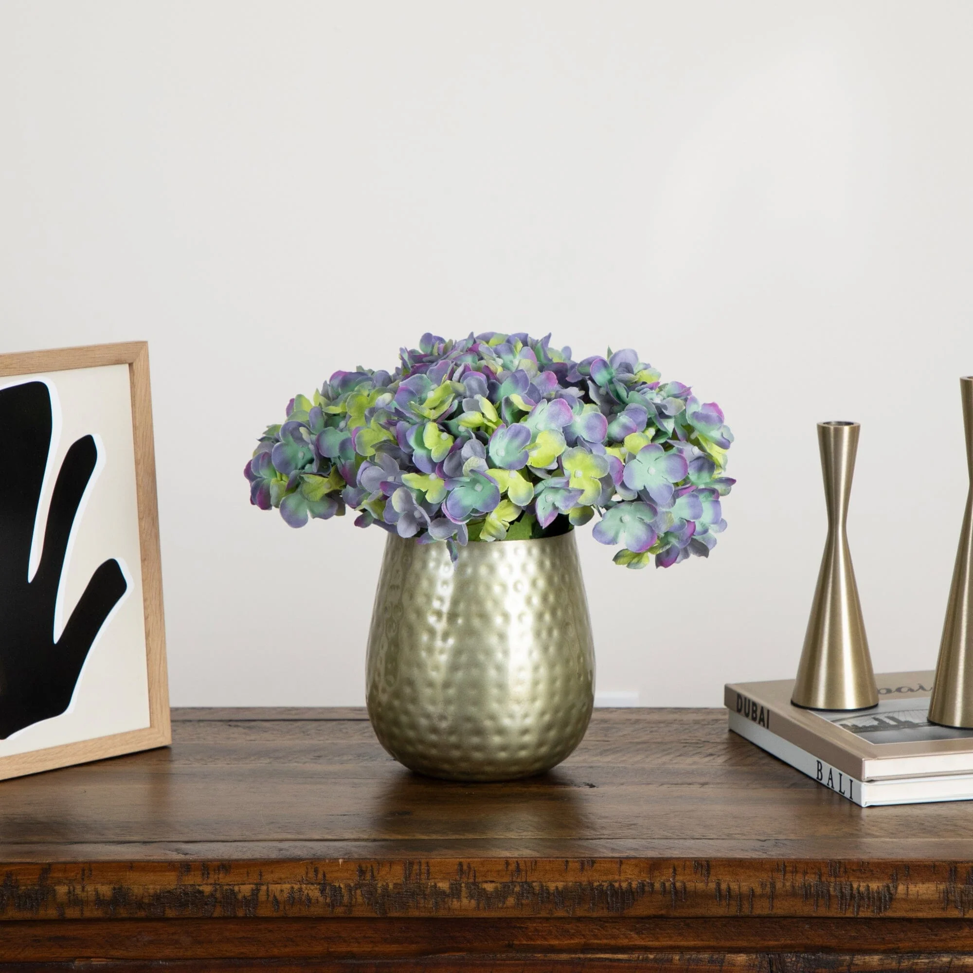11” Artificial Hydrangea Arrangement in Gold Metal Vase - Image 6