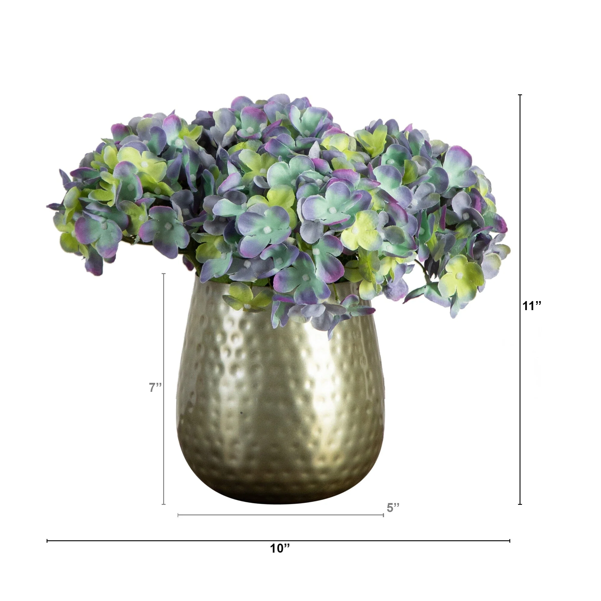 11” Artificial Hydrangea Arrangement in Gold Metal Vase - Image 7