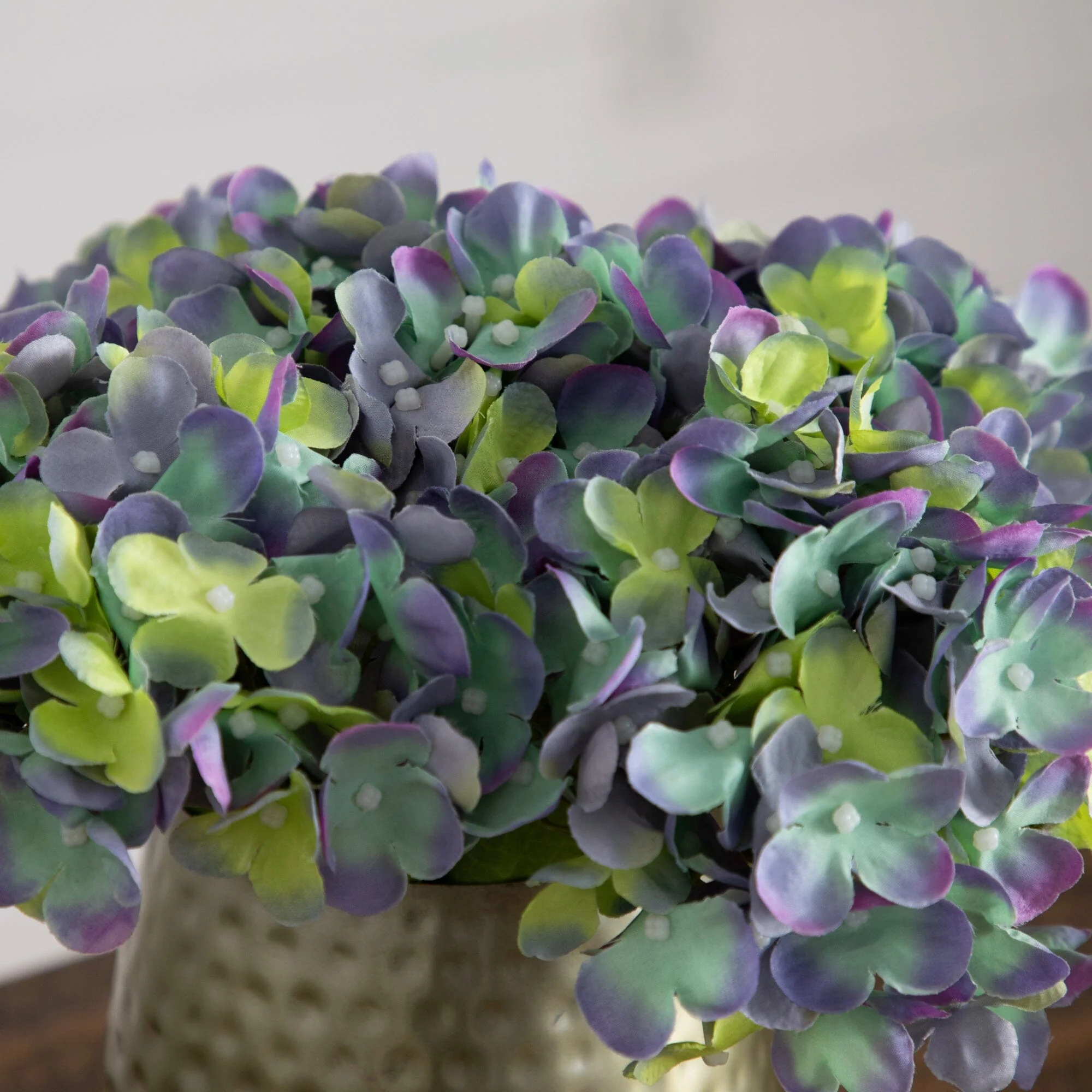 11” Artificial Hydrangea Arrangement in Gold Metal Vase - Image 8