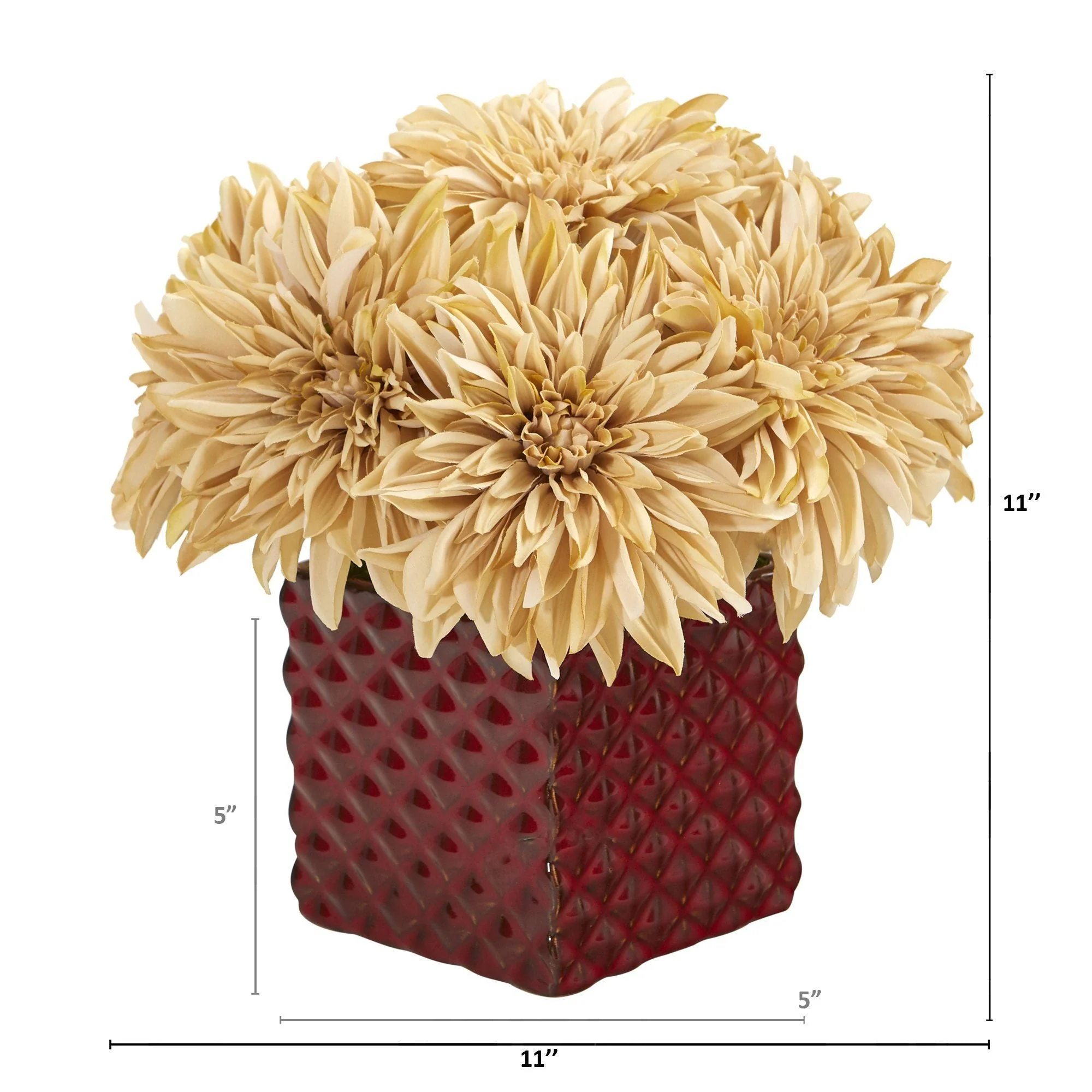 11” Dahlia Artificial Arrangement in Red Ceramic Cube - Image 2