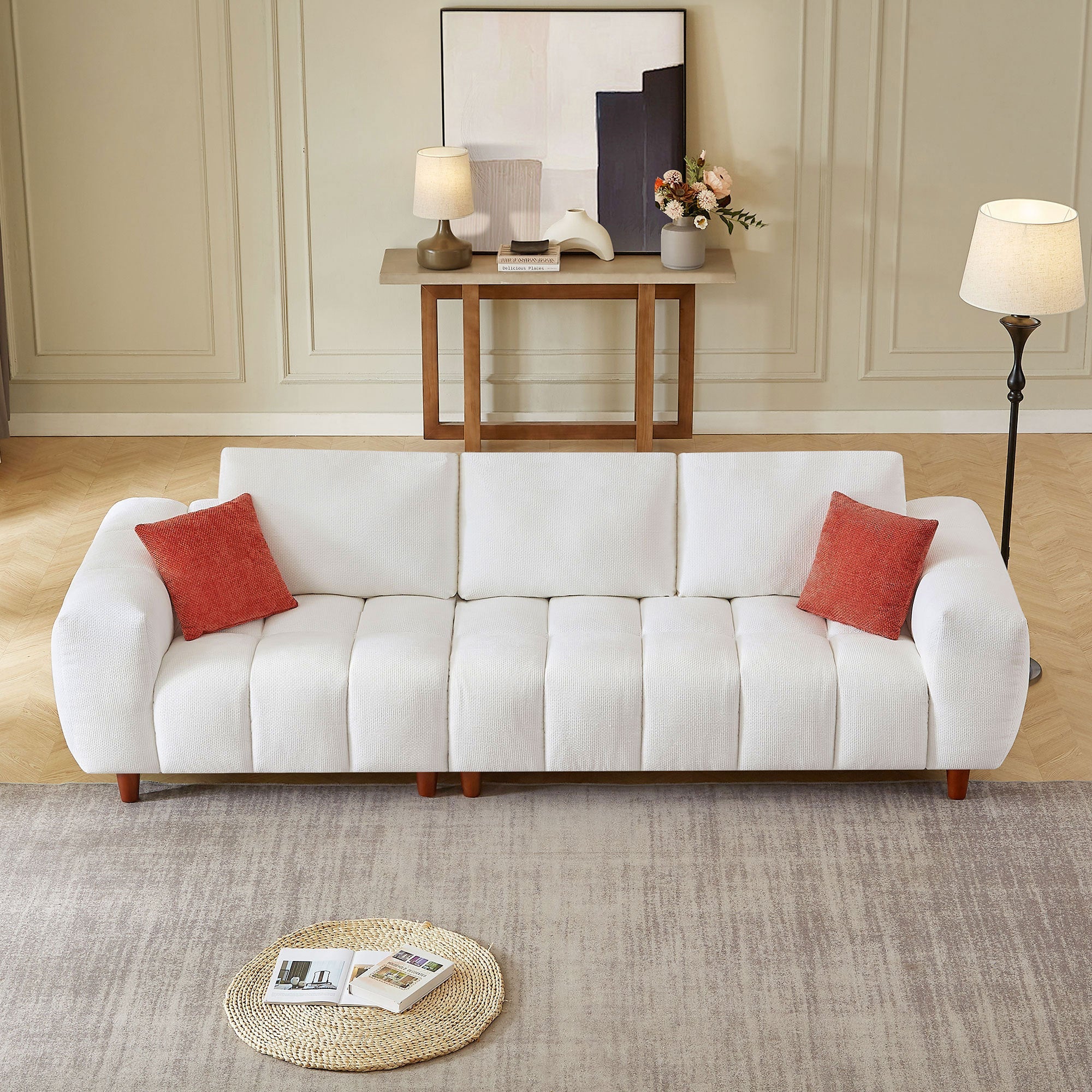 111.81 Inch Sectional Sofa Couch Fabric Couch in White - Image 4