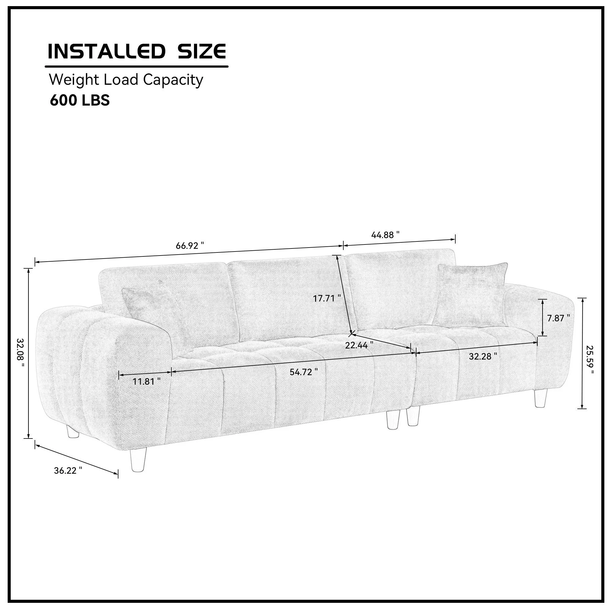 111.81 Inch Sectional Sofa Couch Fabric Couch in White - Image 7
