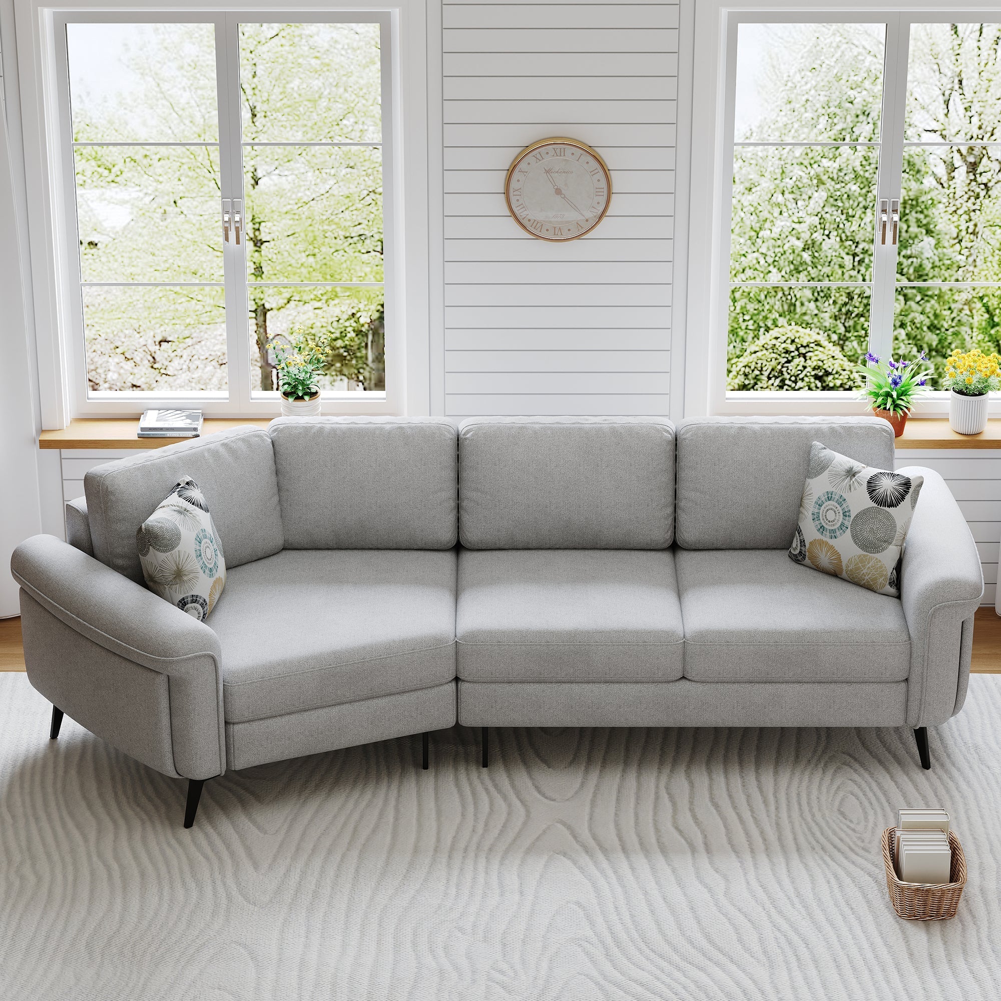 111" Upholstered 3-Seater Sofa with Curved Design and Two Printed Pillows - Image 2
