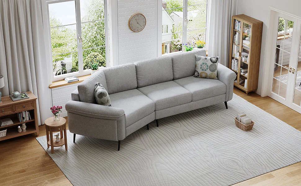 111" Upholstered 3-Seater Sofa with Curved Design and Two Printed Pillows - Image 25