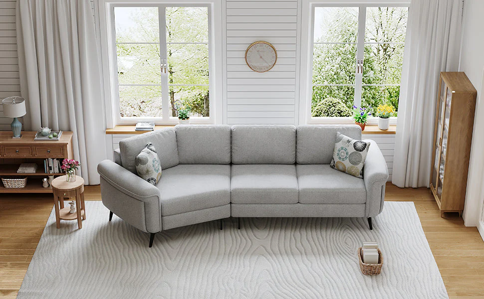 111" Upholstered 3-Seater Sofa with Curved Design and Two Printed Pillows - Image 26