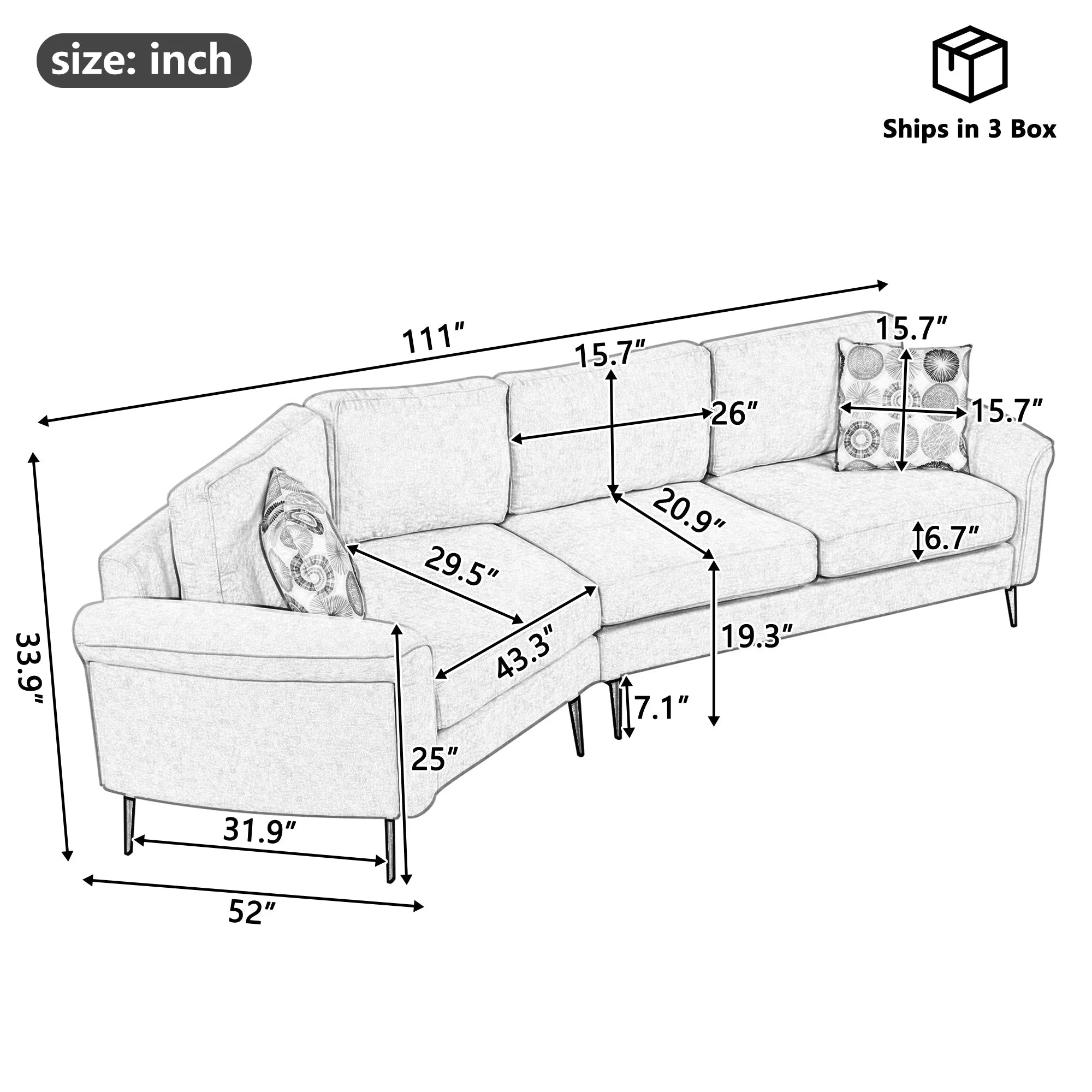 111" Upholstered 3-Seater Sofa with Curved Design and Two Printed Pillows - Image 3