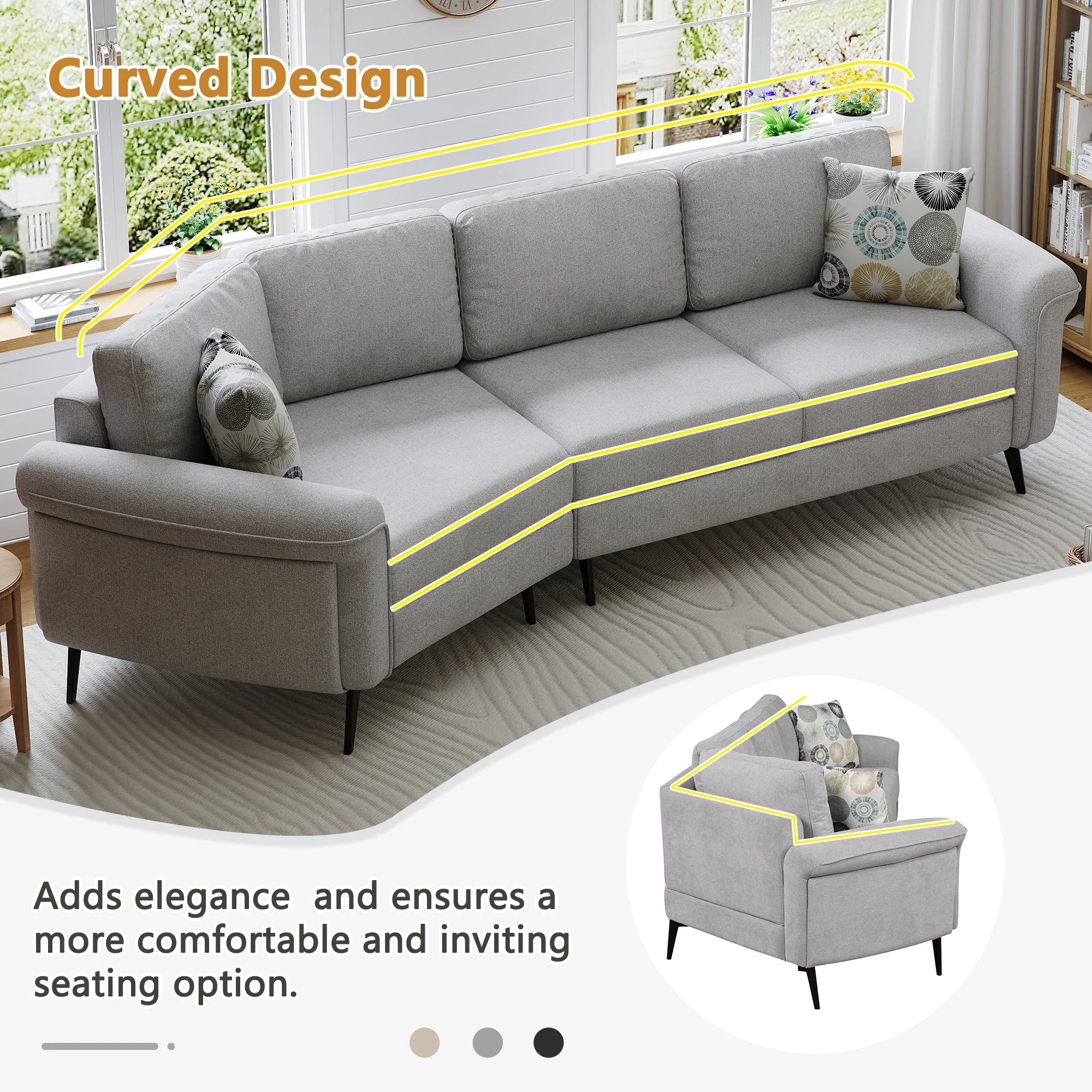 111" Upholstered 3-Seater Sofa with Curved Design and Two Printed Pillows - Image 5