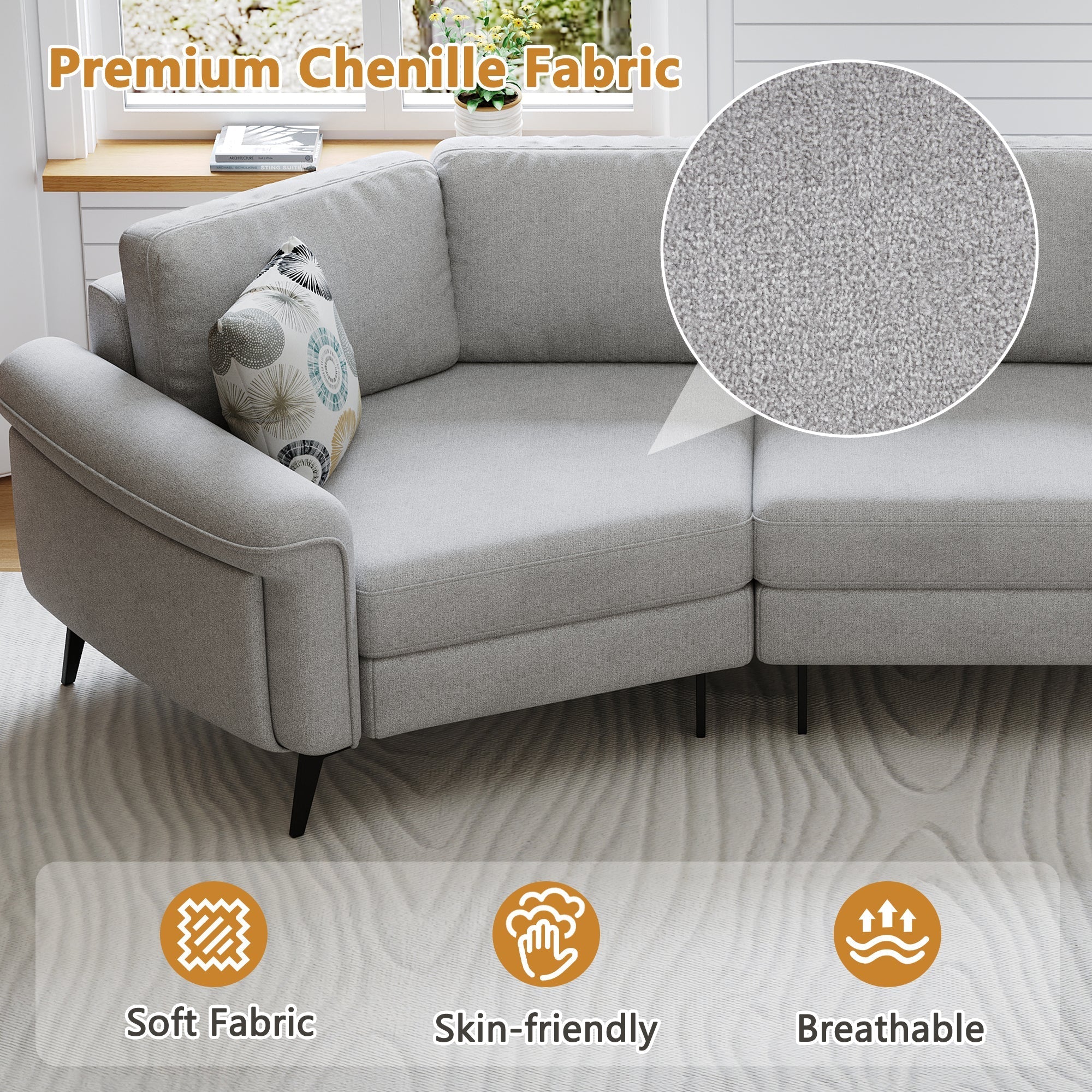 111" Upholstered 3-Seater Sofa with Curved Design and Two Printed Pillows - Image 6