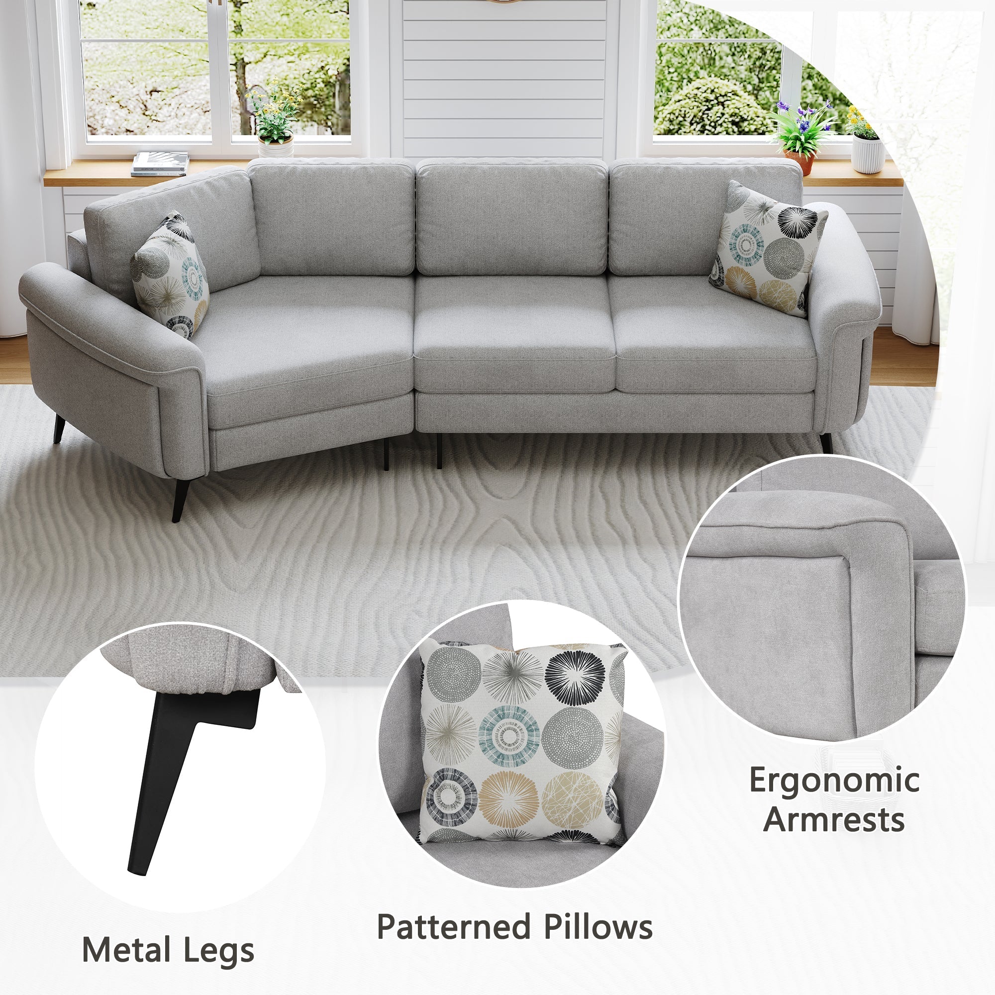 111" Upholstered 3-Seater Sofa with Curved Design and Two Printed Pillows - Image 7