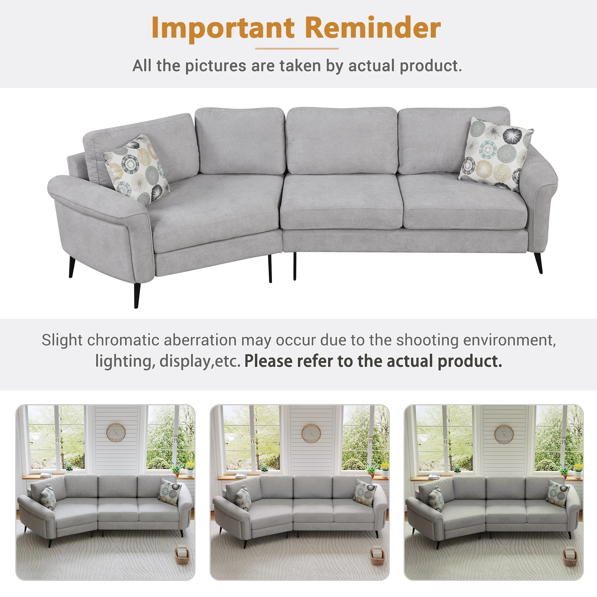 111" Upholstered 3-Seater Sofa with Curved Design and Two Printed Pillows - Image 8